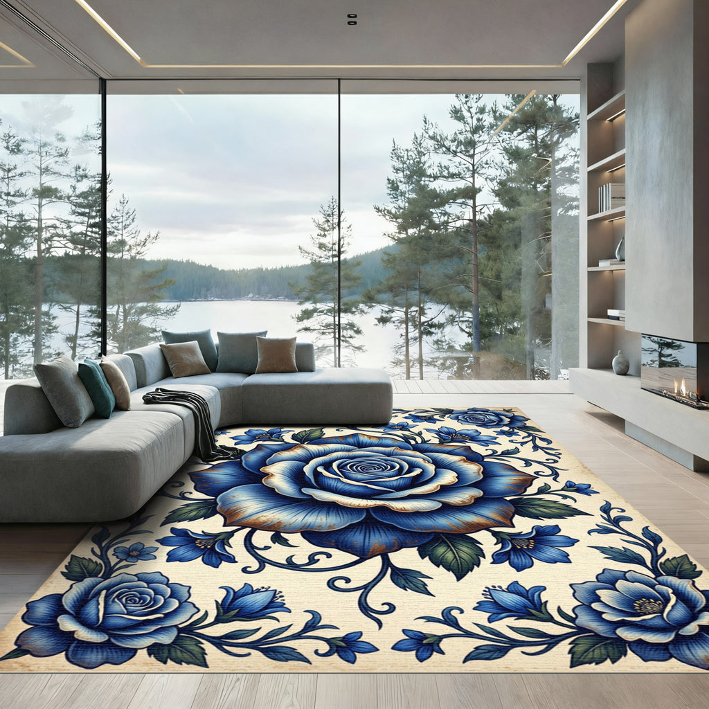 Vintage Navy Rose Floral Medallion Rug