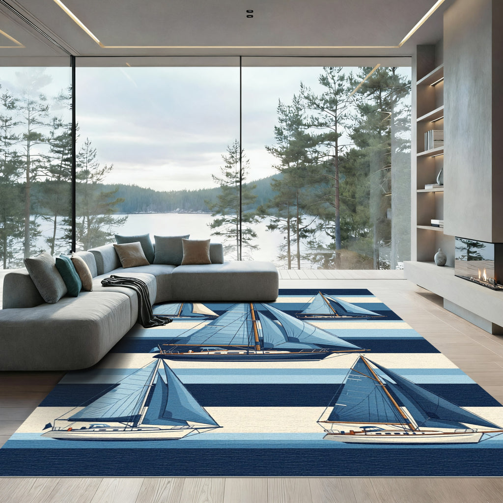 Nautical Blue Sailboat Striped Illustration Rug