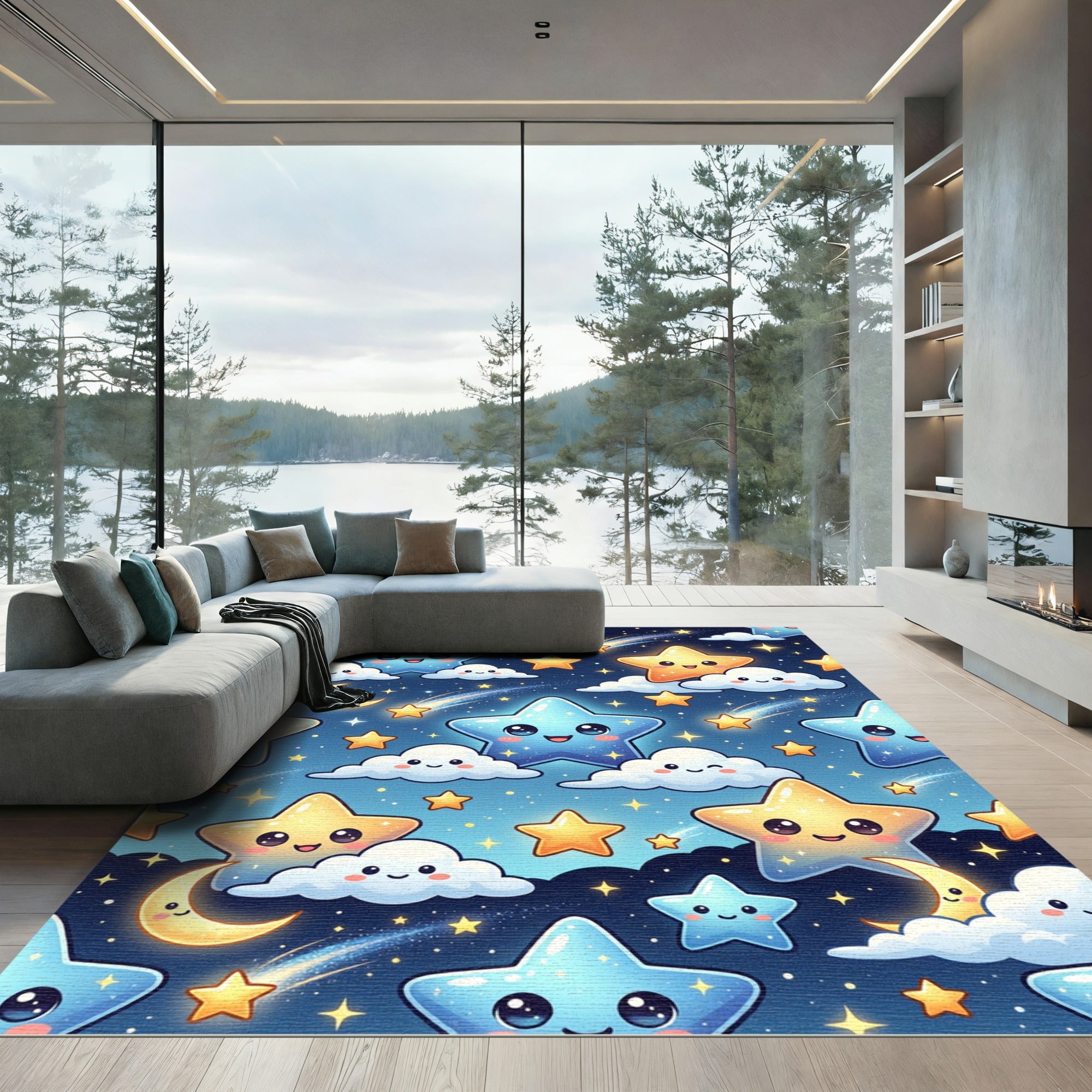 Whimsical Blue and Golden Starry Sky Rug