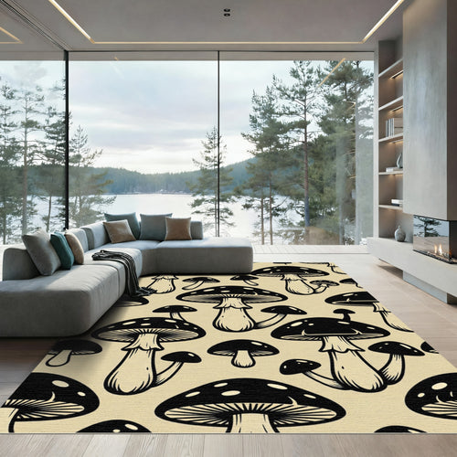 Black and Beige Toadstool Mushroom Illustration Rug
