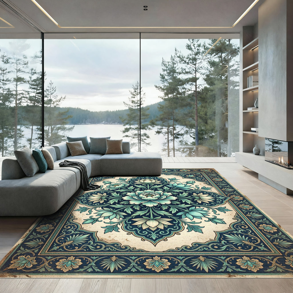 Deep Teal Floral Medallion Intricate Border Rug