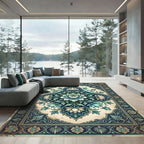 Deep Teal Floral Medallion Intricate Border Rug