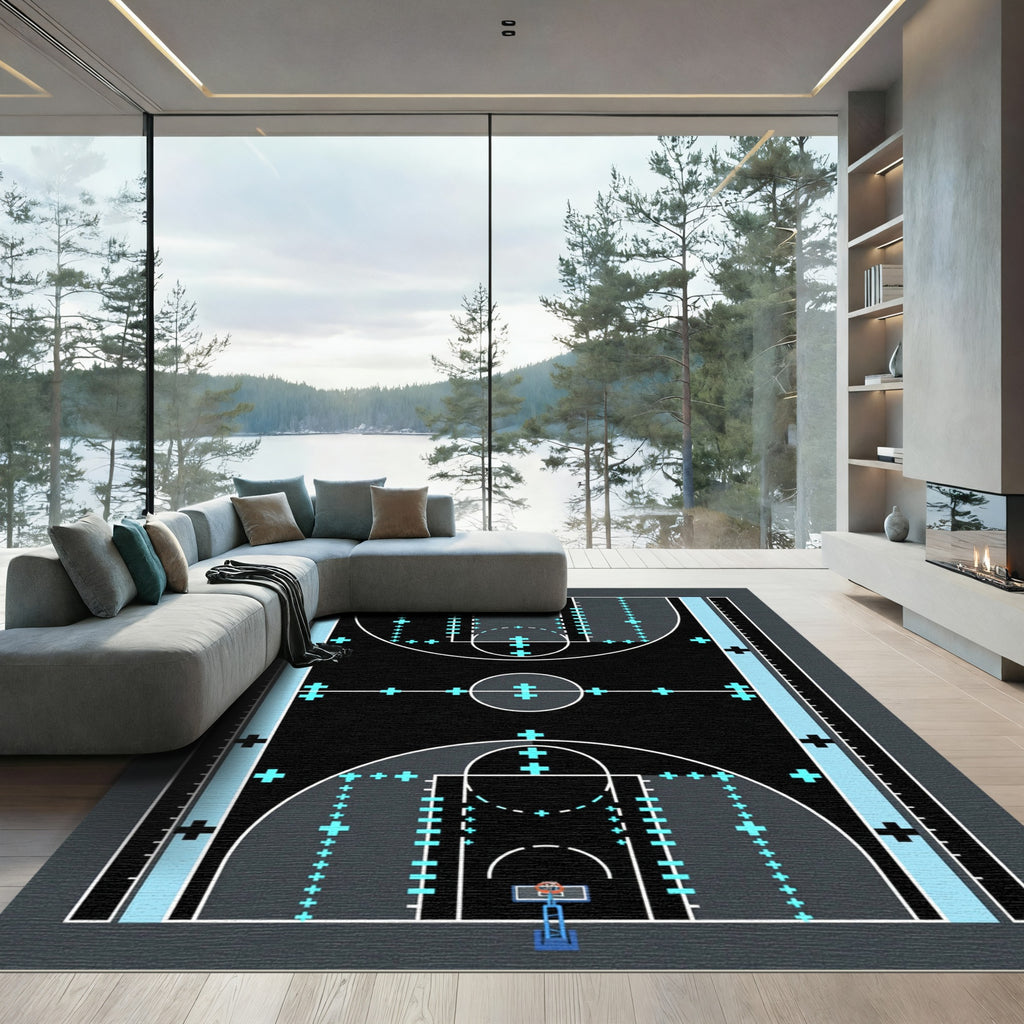Modern Black Basketball Court Graphic Rug