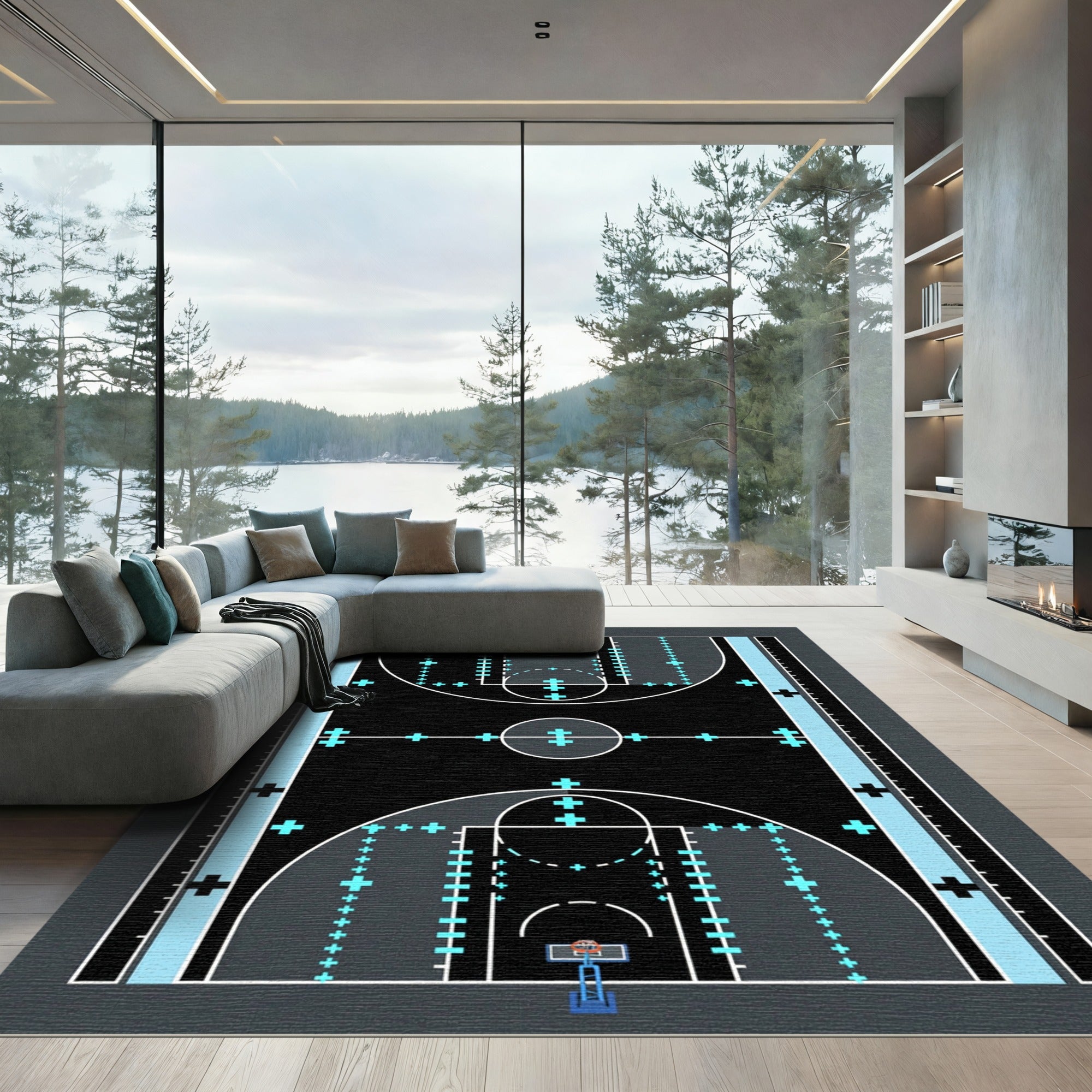 Modern Black Basketball Court Graphic Rug