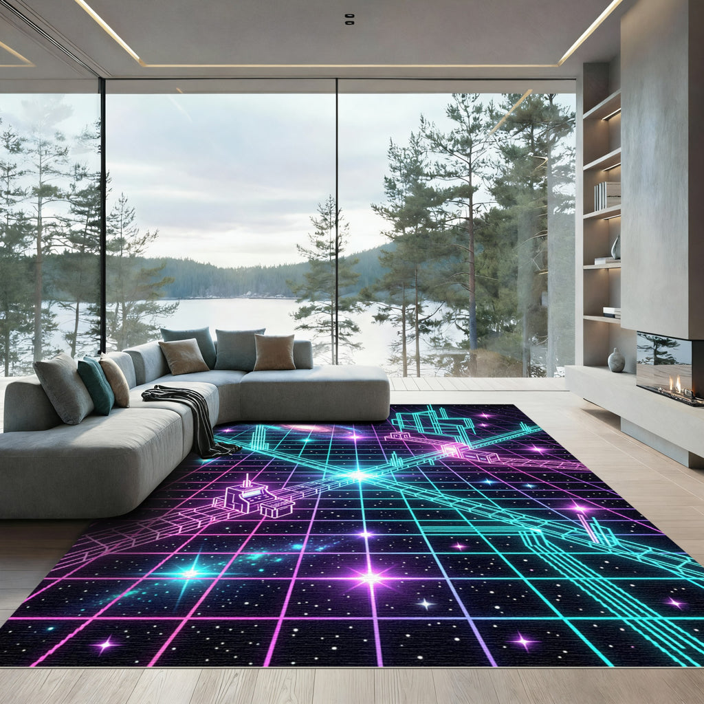 Neon Cyberpunk Grid Galactic Space Cityscape Rug