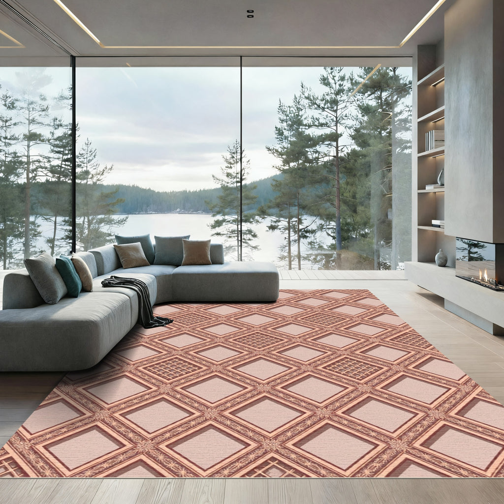 Elegant Blush Pink Geometric Diamond Lattice Rug