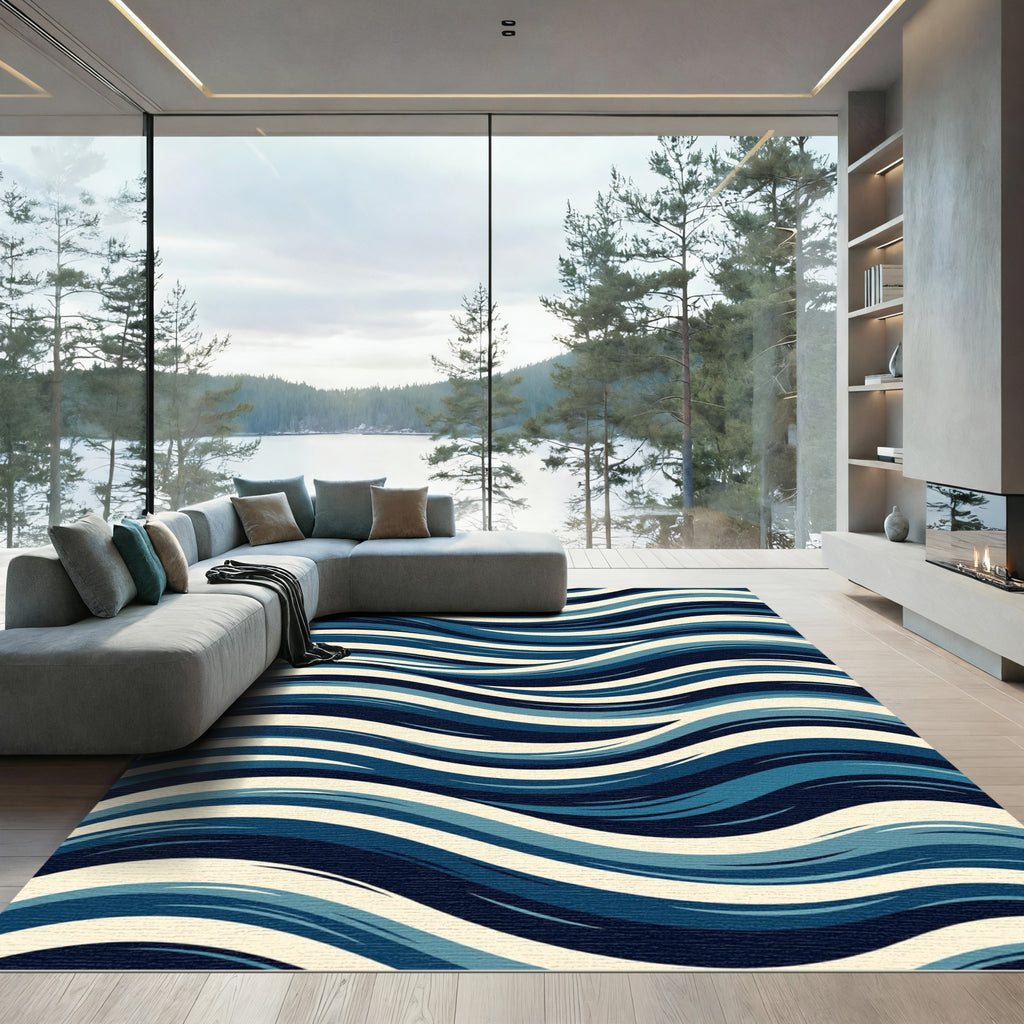 Modern Navy Blue Wavy Linear Swirl Rug