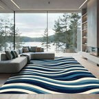 Modern Navy Blue Wavy Linear Swirl Rug