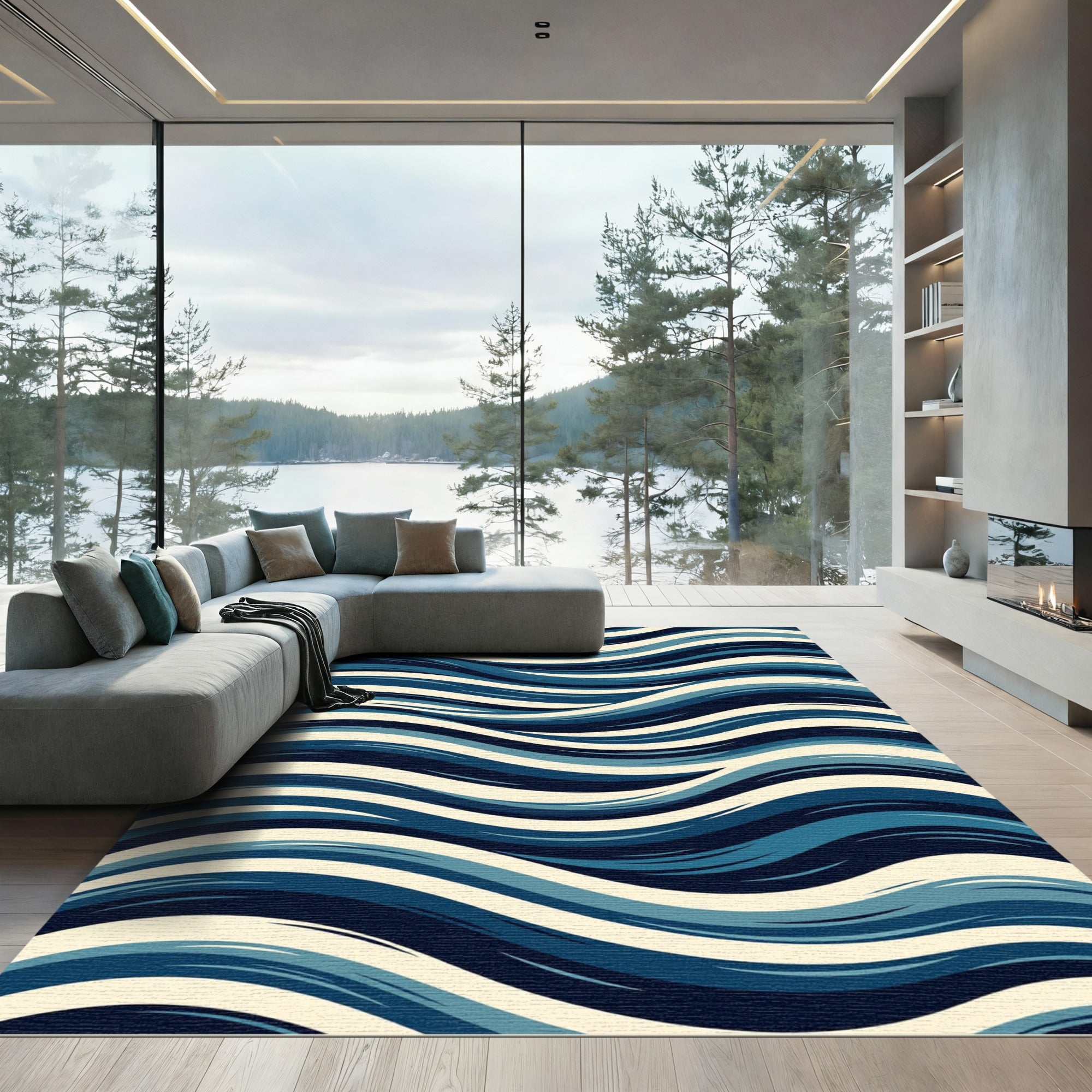 Modern Navy Blue Wavy Linear Swirl Rug