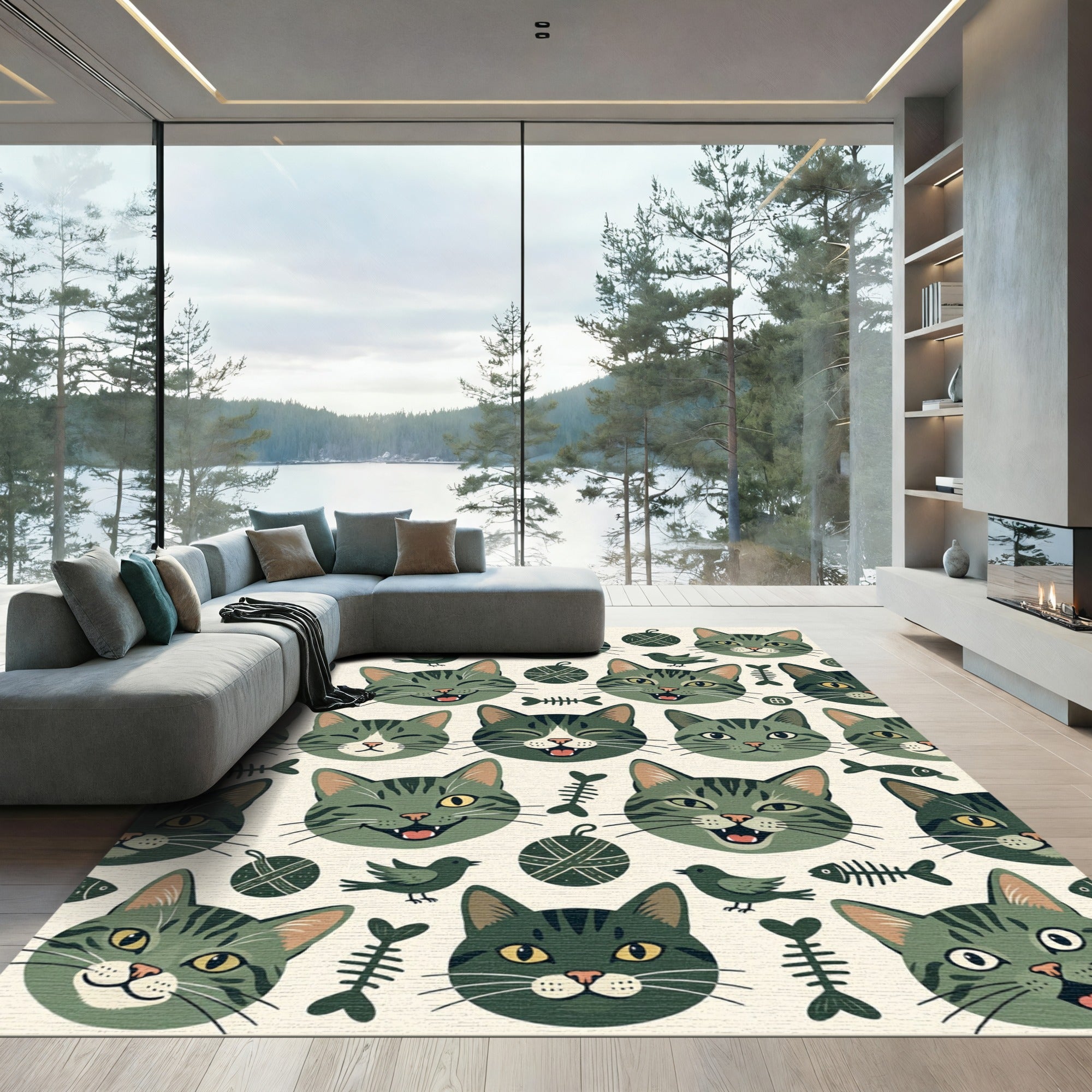 Whimsical Olive Green Tabby Cat Rug