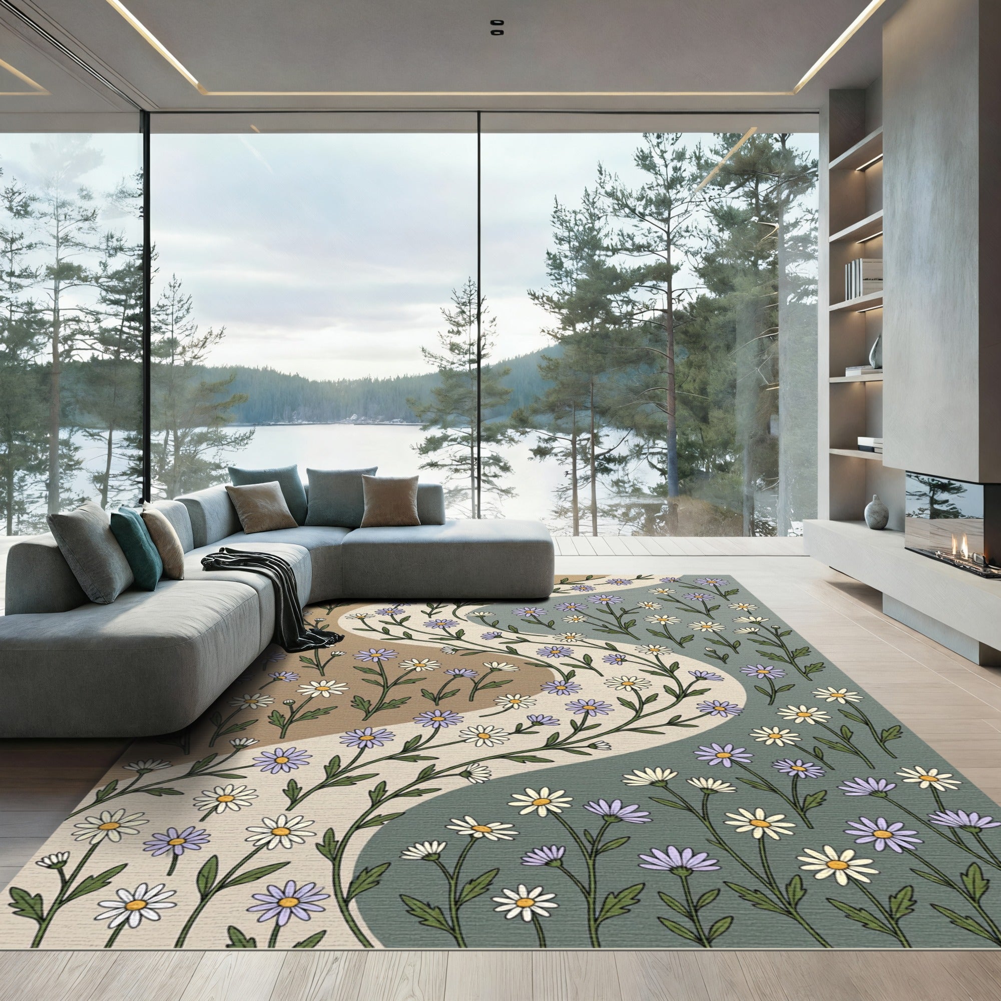 Pastel Daisy Strewn Winding Path Rug