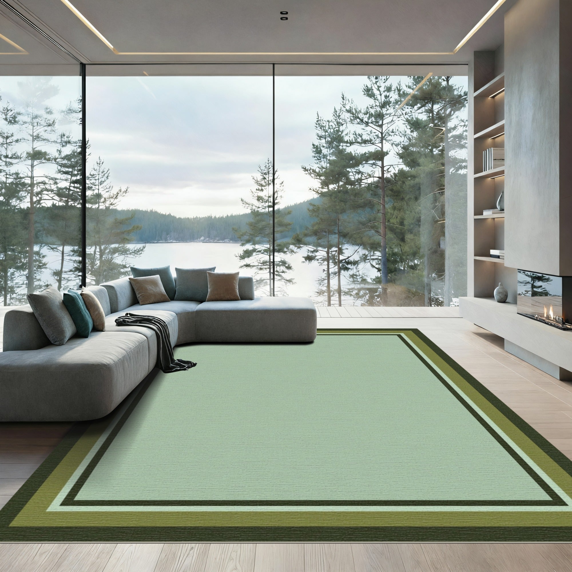 Green Forest Geometric Border Rug