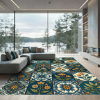 Ornate Cobalt Blue Floral Medallion Tiles Rug