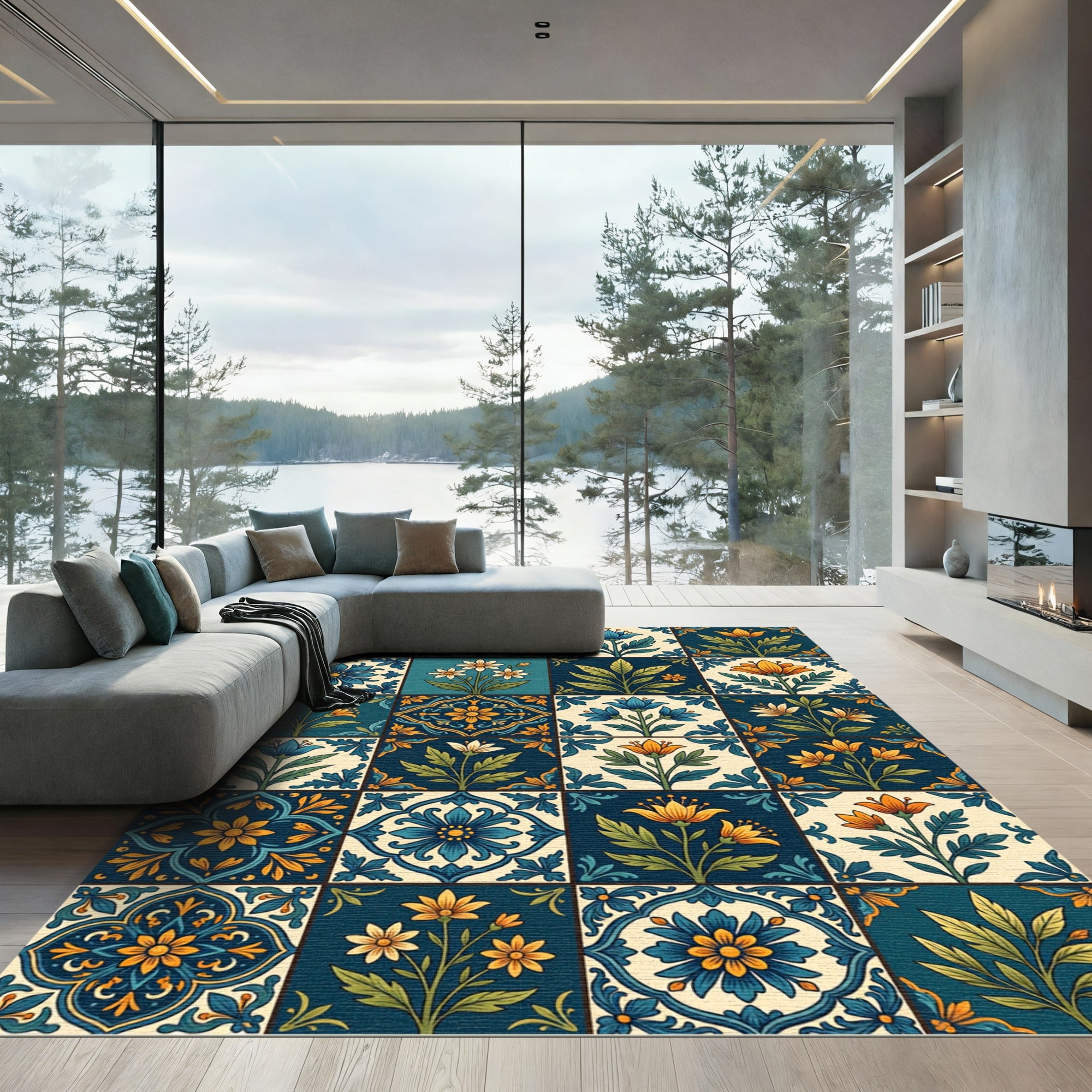 Ornate Cobalt Blue Floral Medallion Tiles Rug
