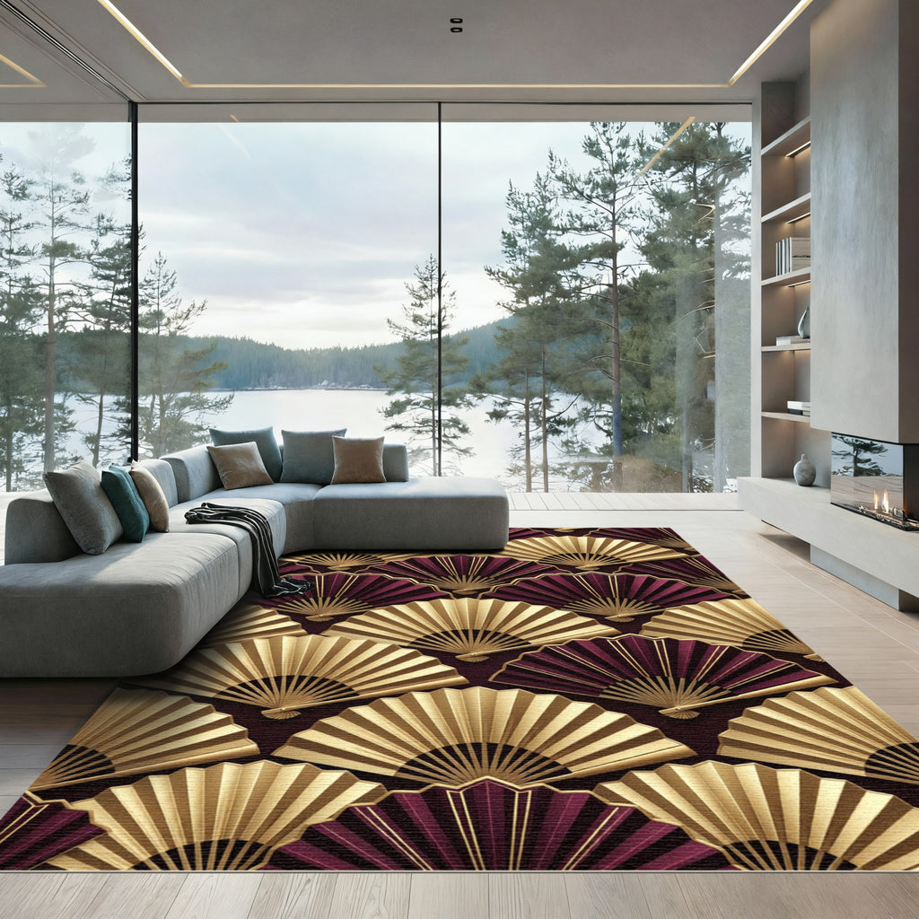 Gold and Burgundy Art Deco Fans Rug