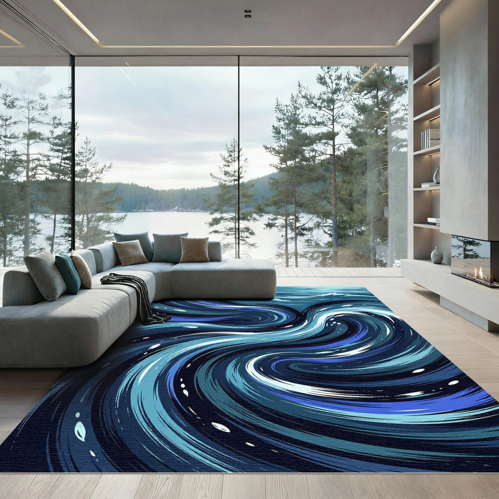 Deep Blue Aquatic Swirl Abstract Rug
