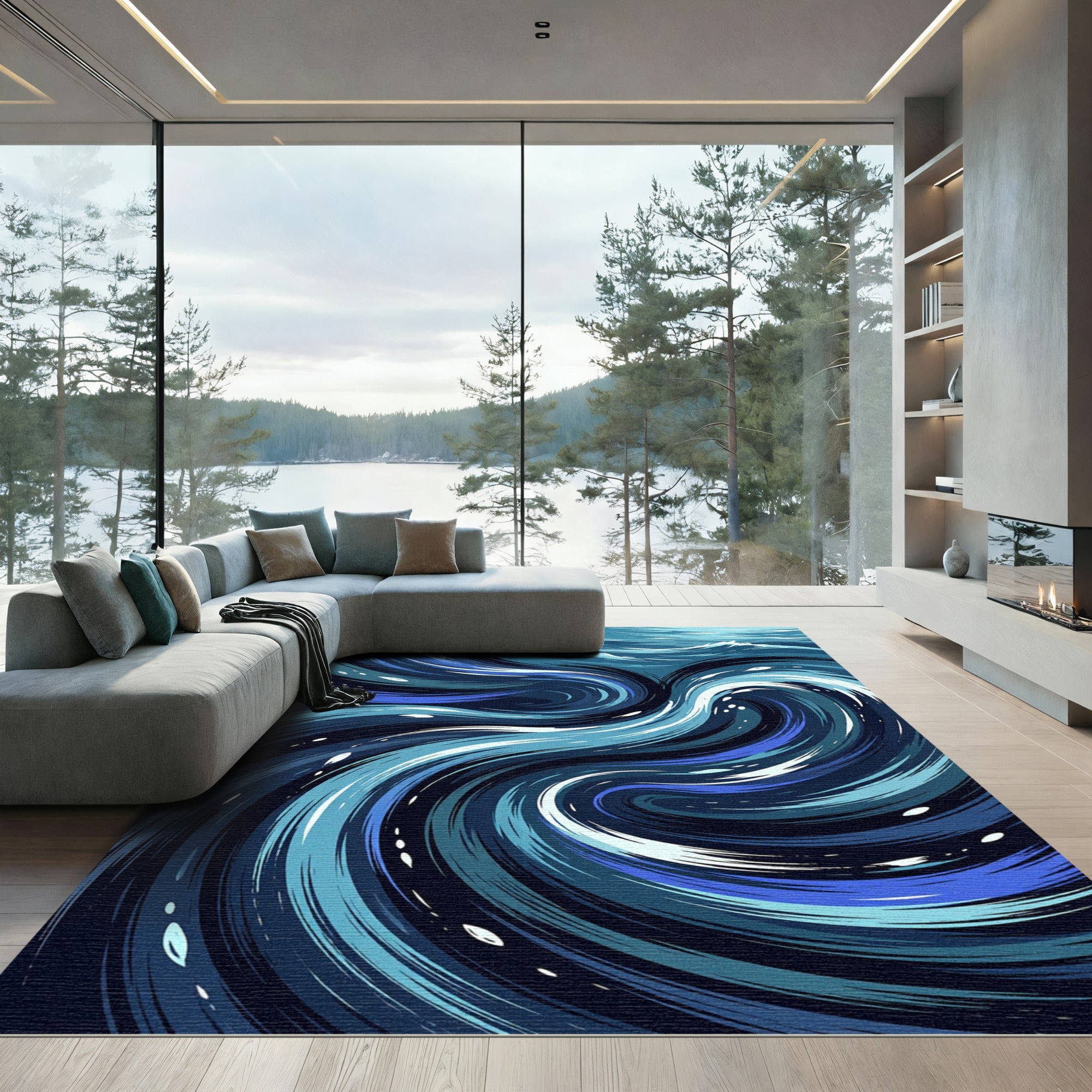 Deep Blue Aquatic Swirl Abstract Rug