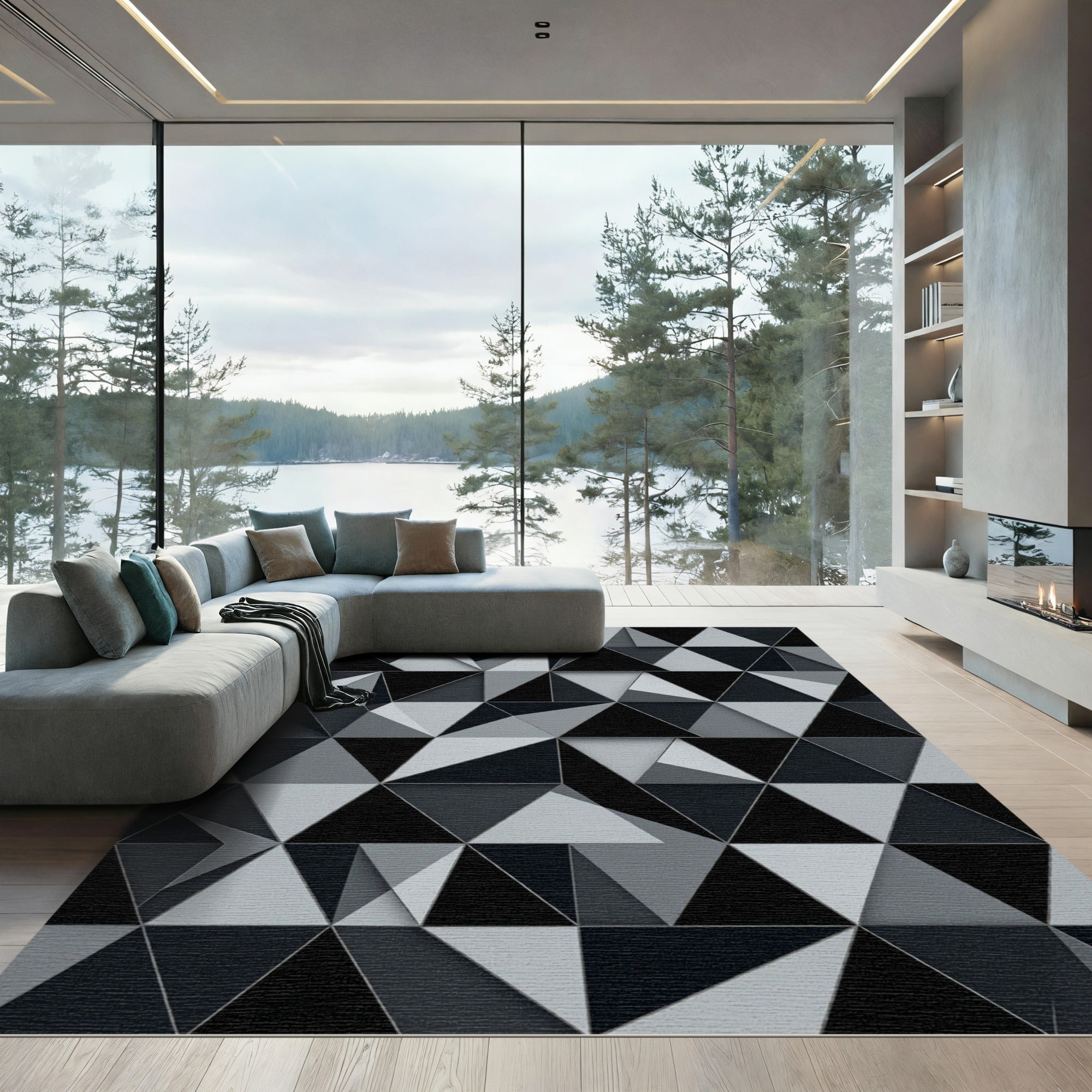 Monochrome Geometric Triangle Abstract Art Rug