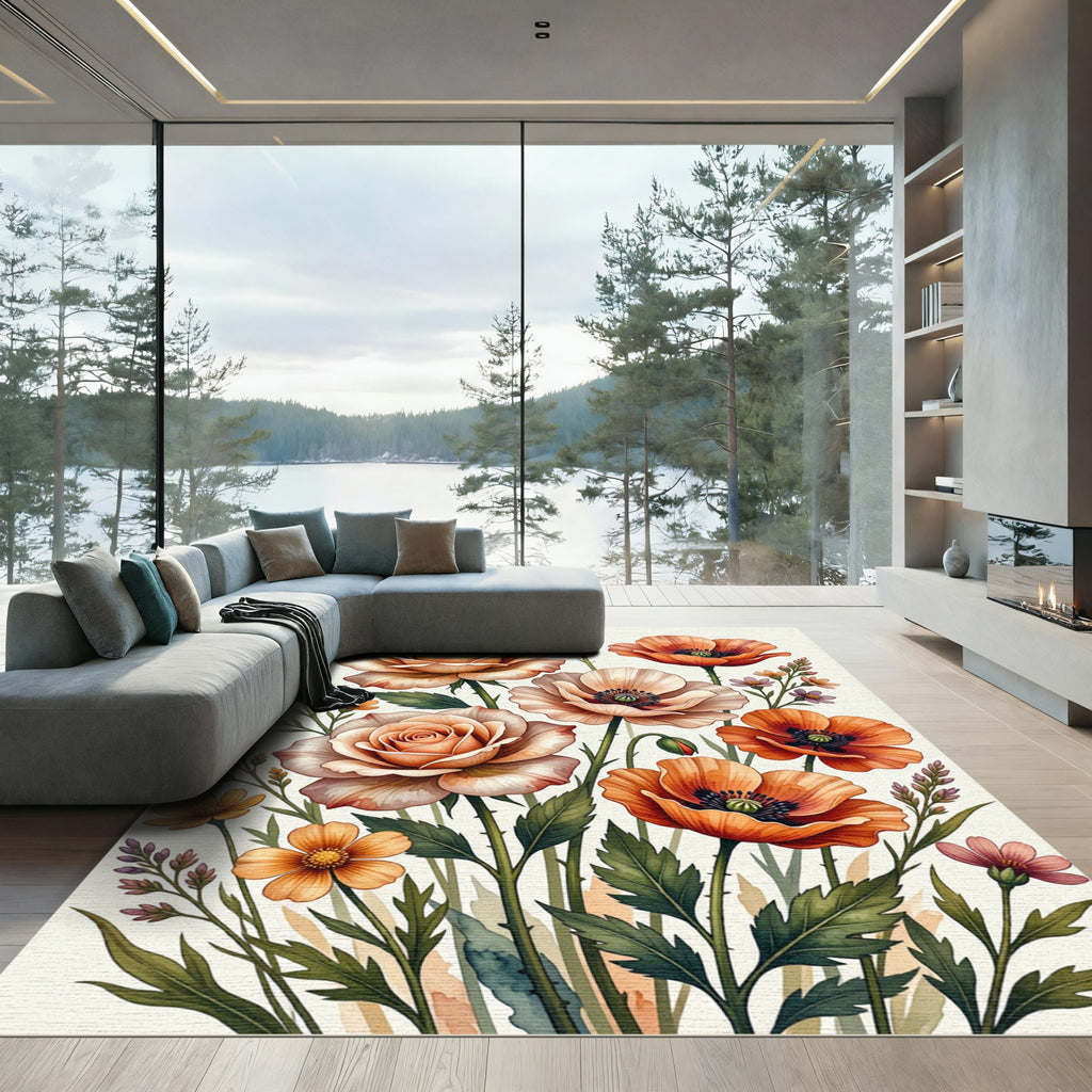 Coral Peach Floral Botanical Arrangement Rug