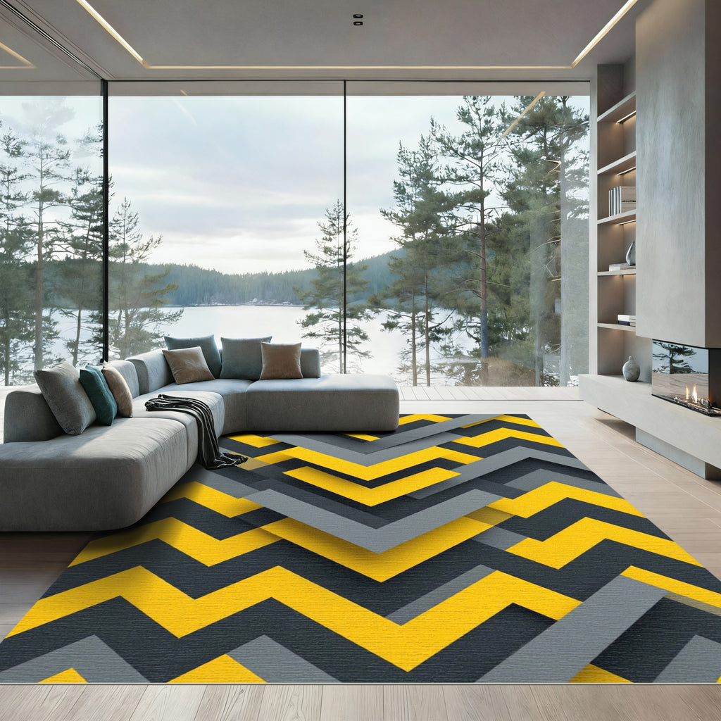 Modern Yellow and Charcoal Geometric Chevron Rug