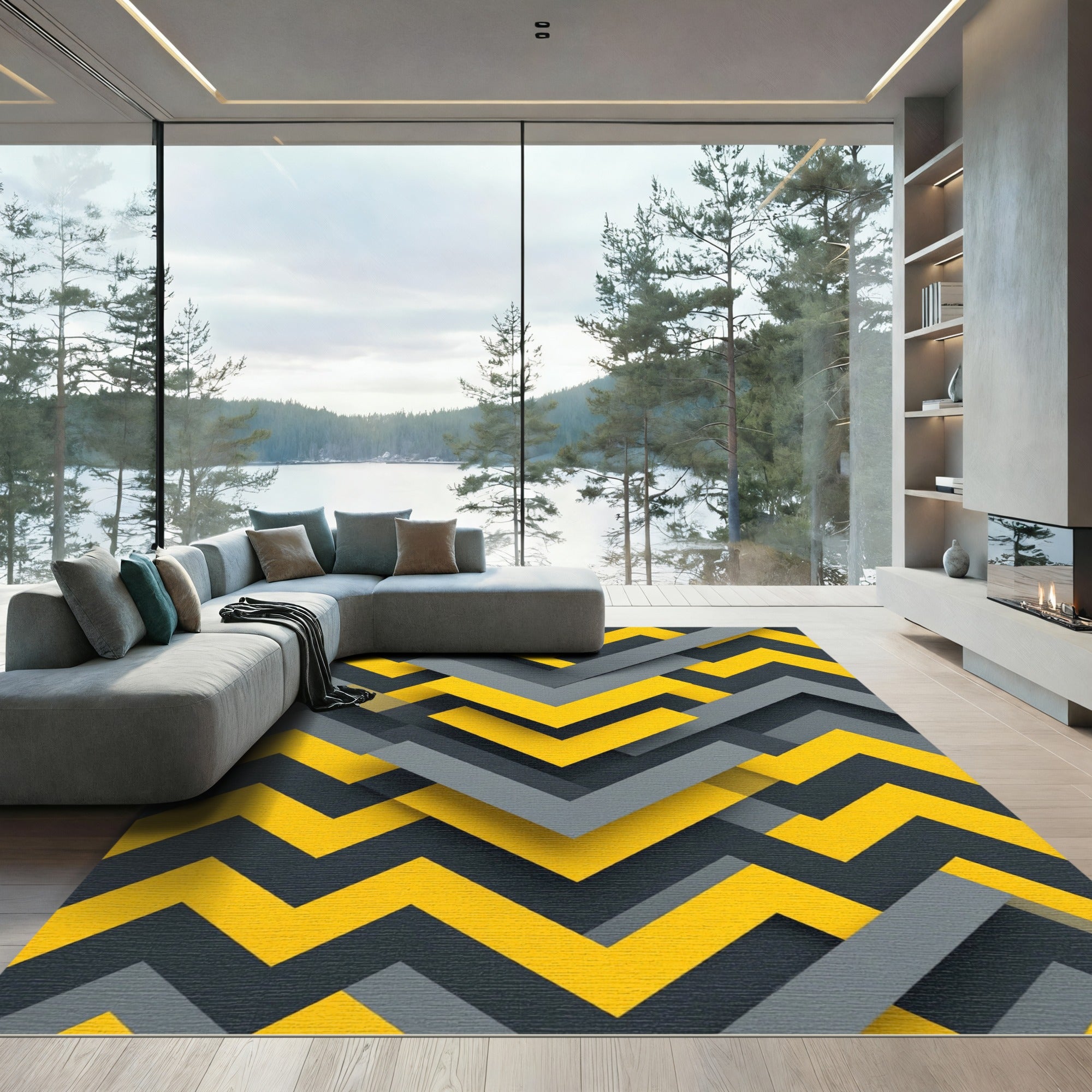 Modern Yellow and Charcoal Geometric Chevron Rug