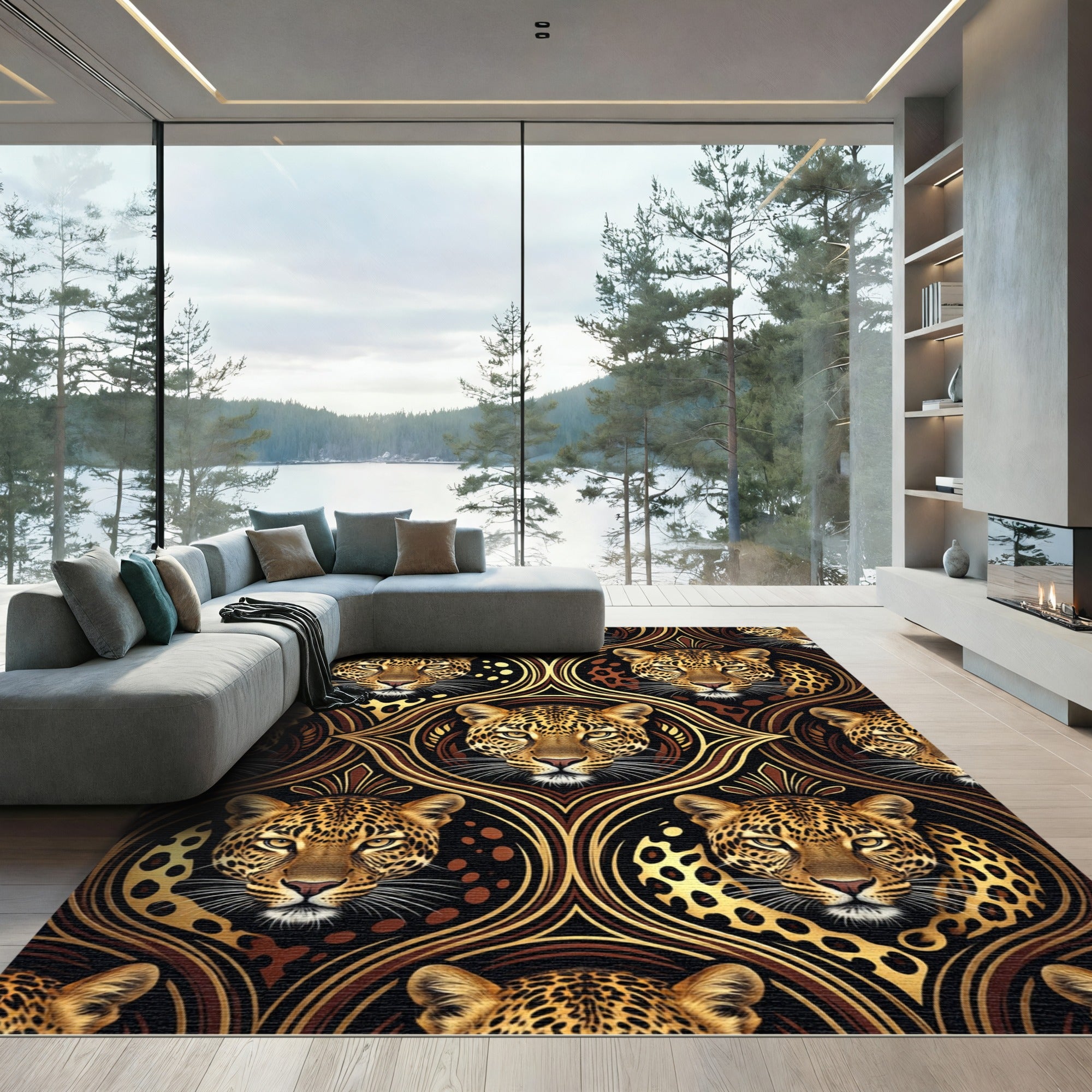 Gilded Leopard Portrait Ornate Damask Rug