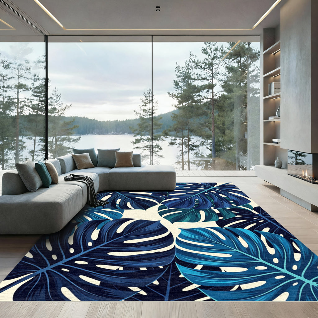 Deep Blue Tropical Monstera Leaves Rug