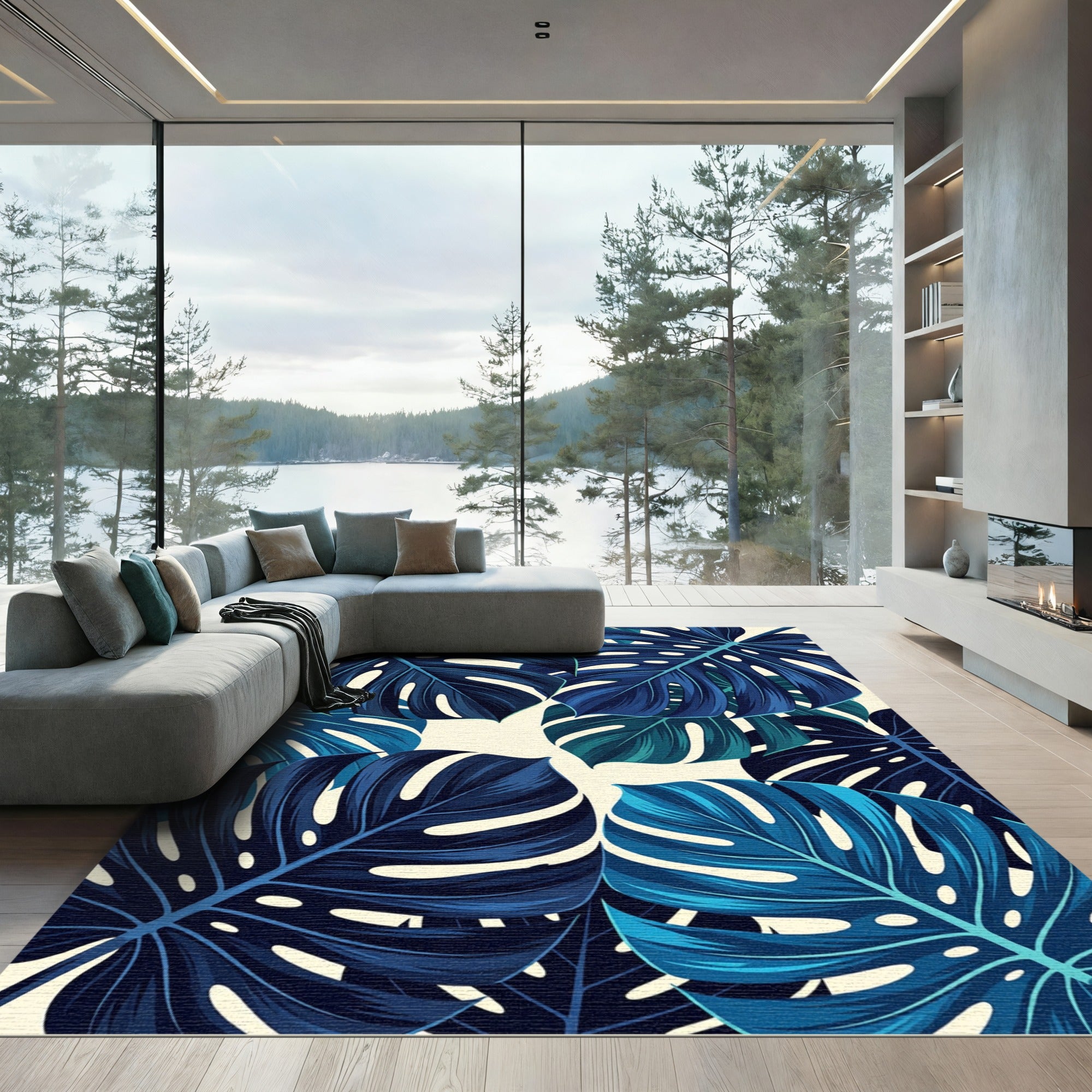 Deep Blue Tropical Monstera Leaves Rug