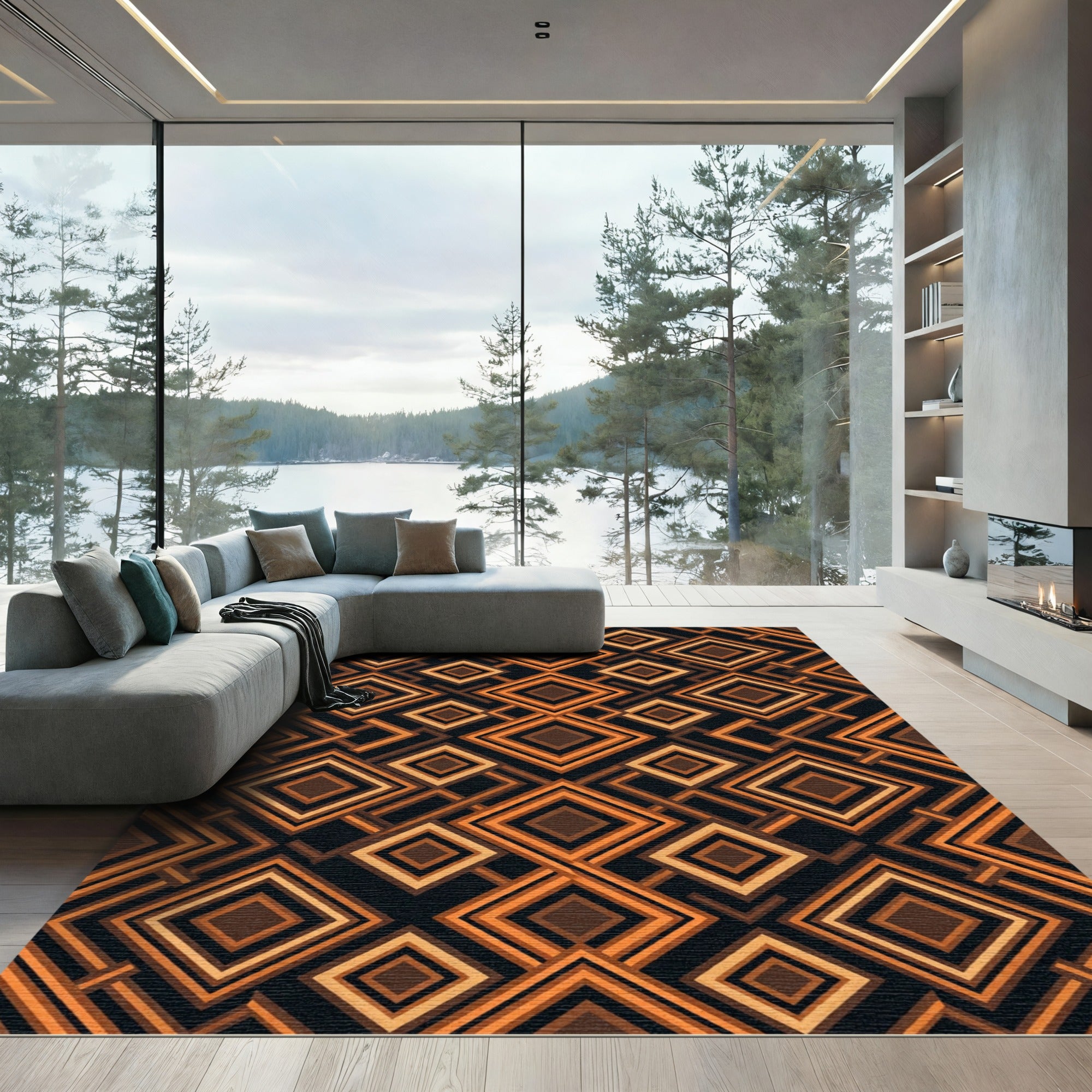 Earthy Brown Geometric Diamond Layering Rug