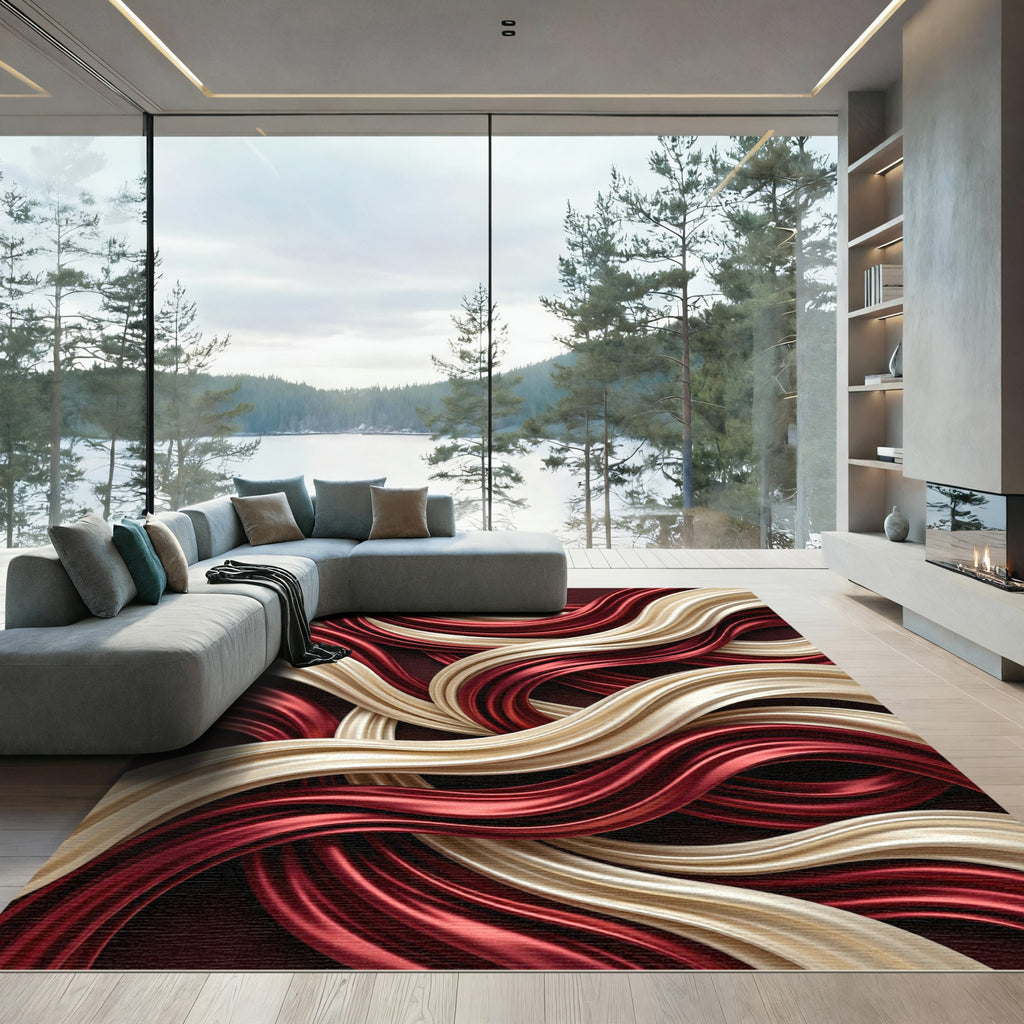 Crimson Gold Swirl Flow Rug