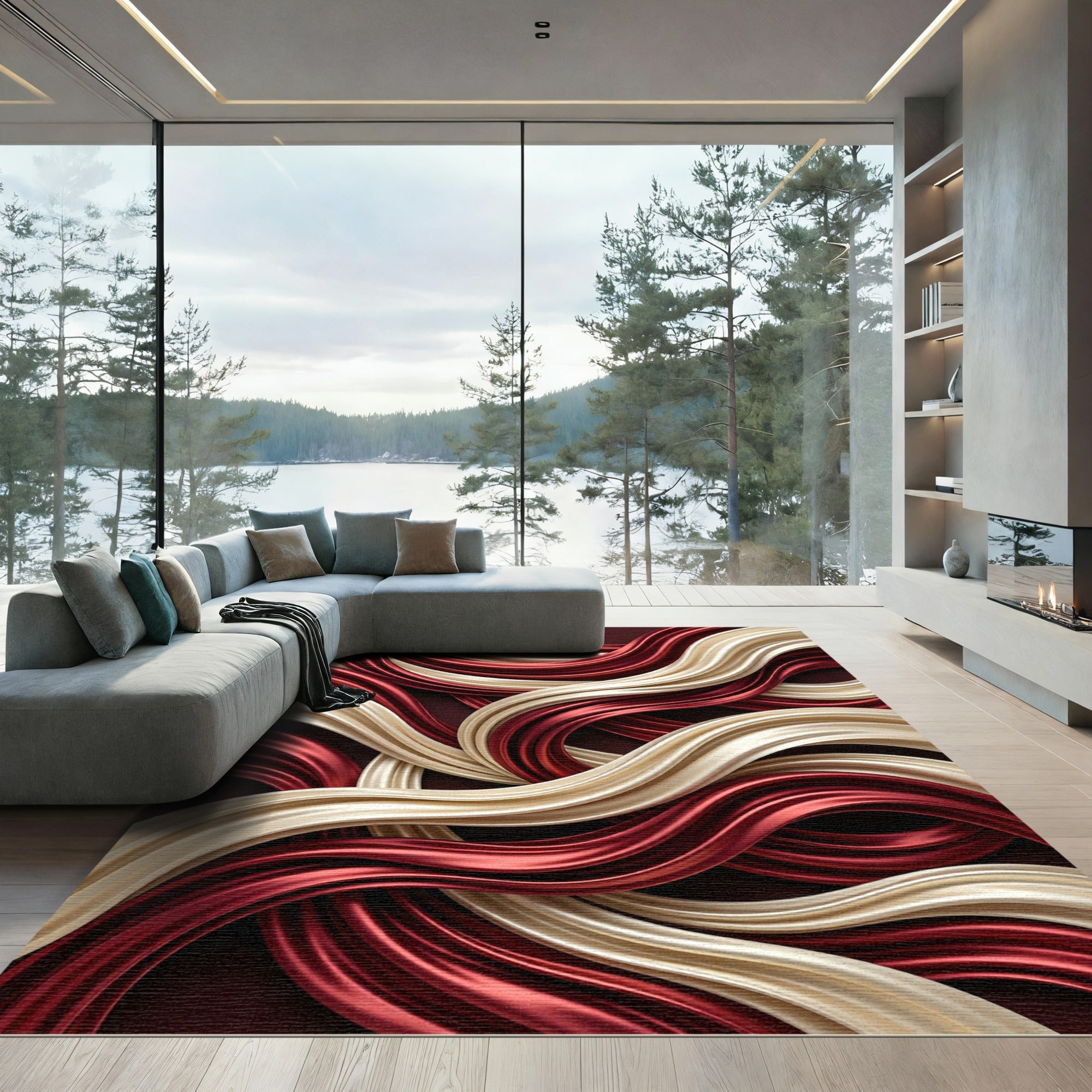 Crimson Gold Swirl Flow Rug