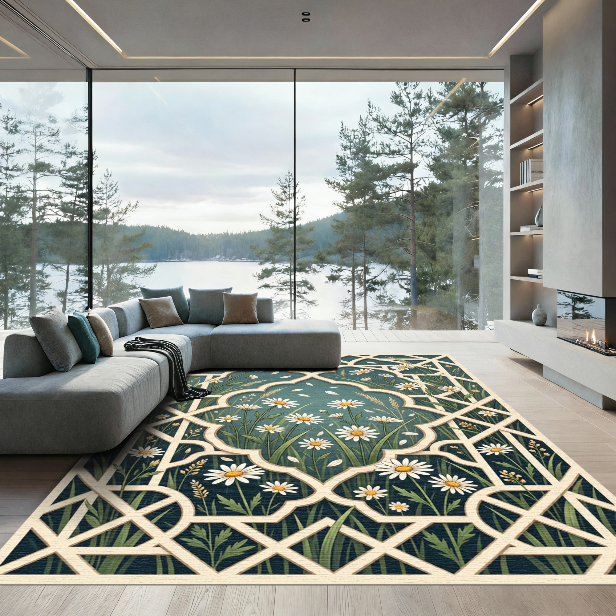 Teal Meadow Daisy Lattice Trellis Rug
