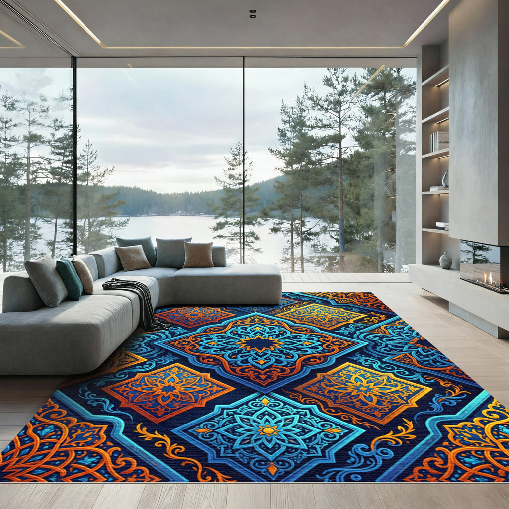 Intricate Blue Orange Geometric Medallion Rug