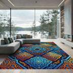 Intricate Blue Orange Geometric Medallion Rug