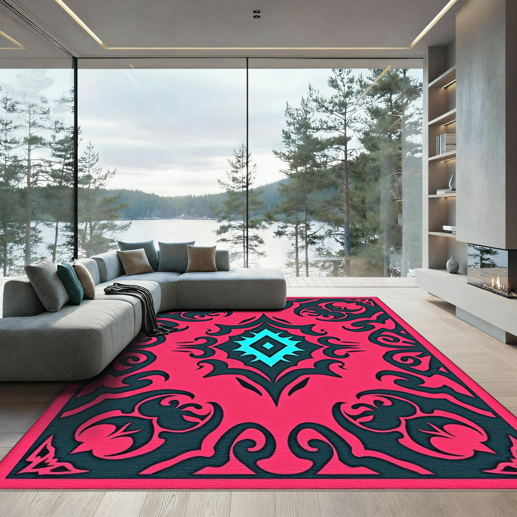 Radiant Pink Teal Diamond Medallion Rug
