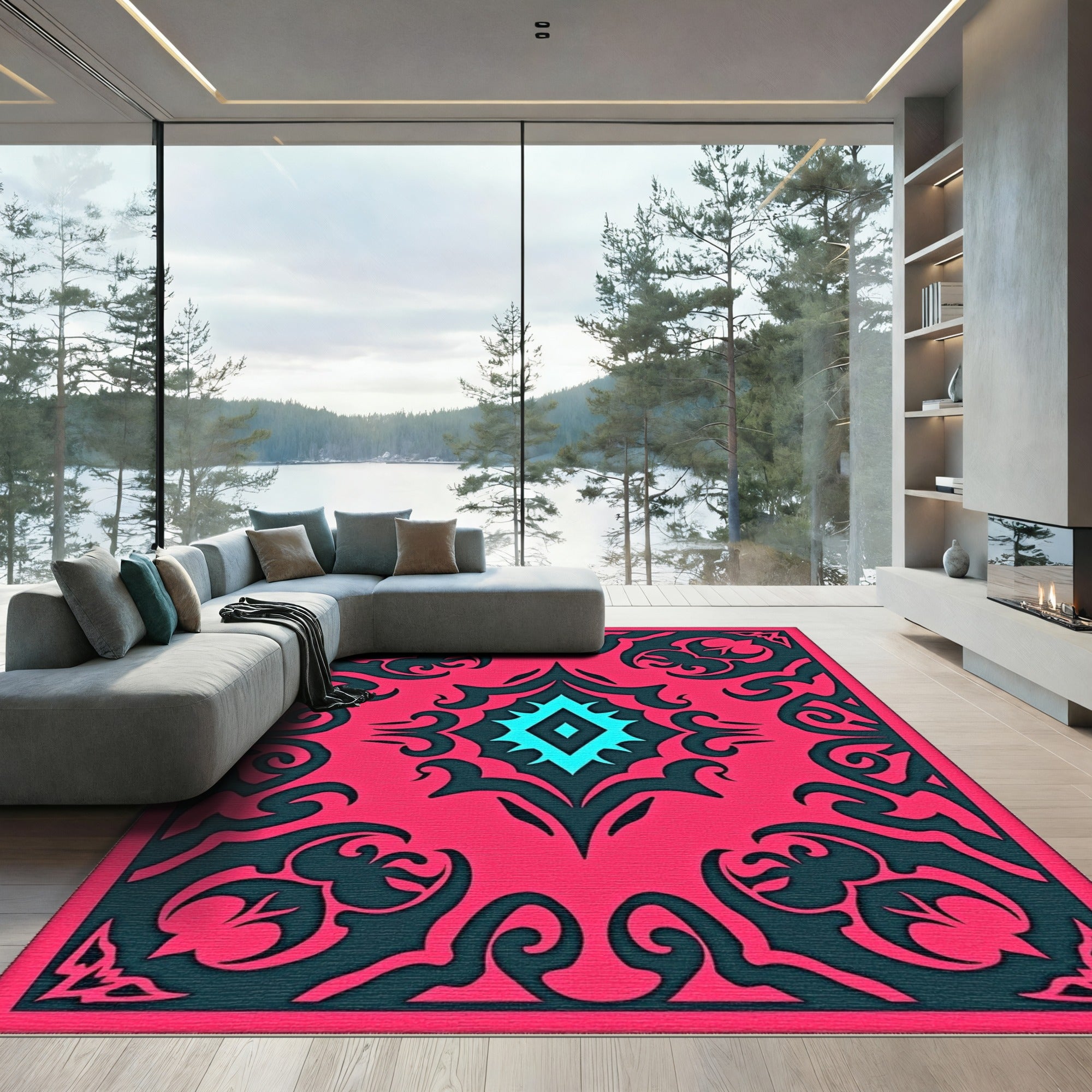 Radiant Pink Teal Diamond Medallion Rug