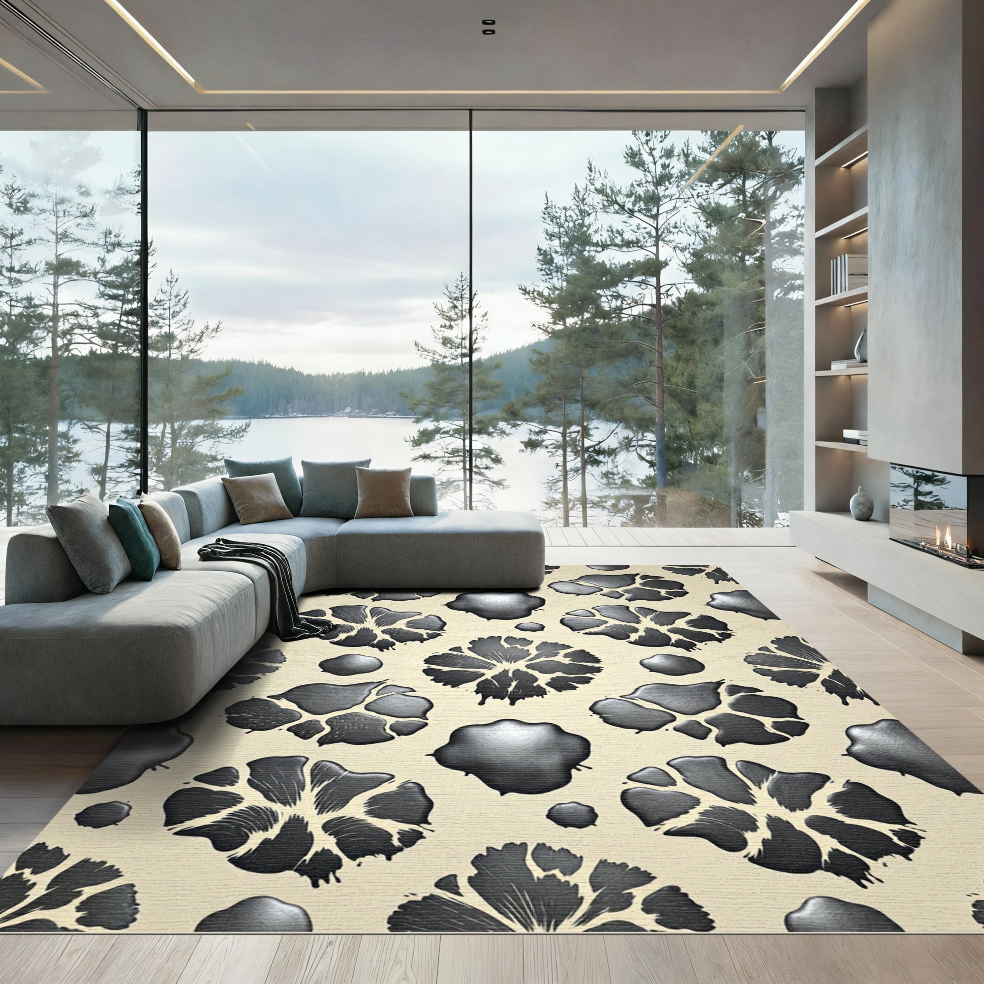 Black Petal Blobs Cream Background Rug