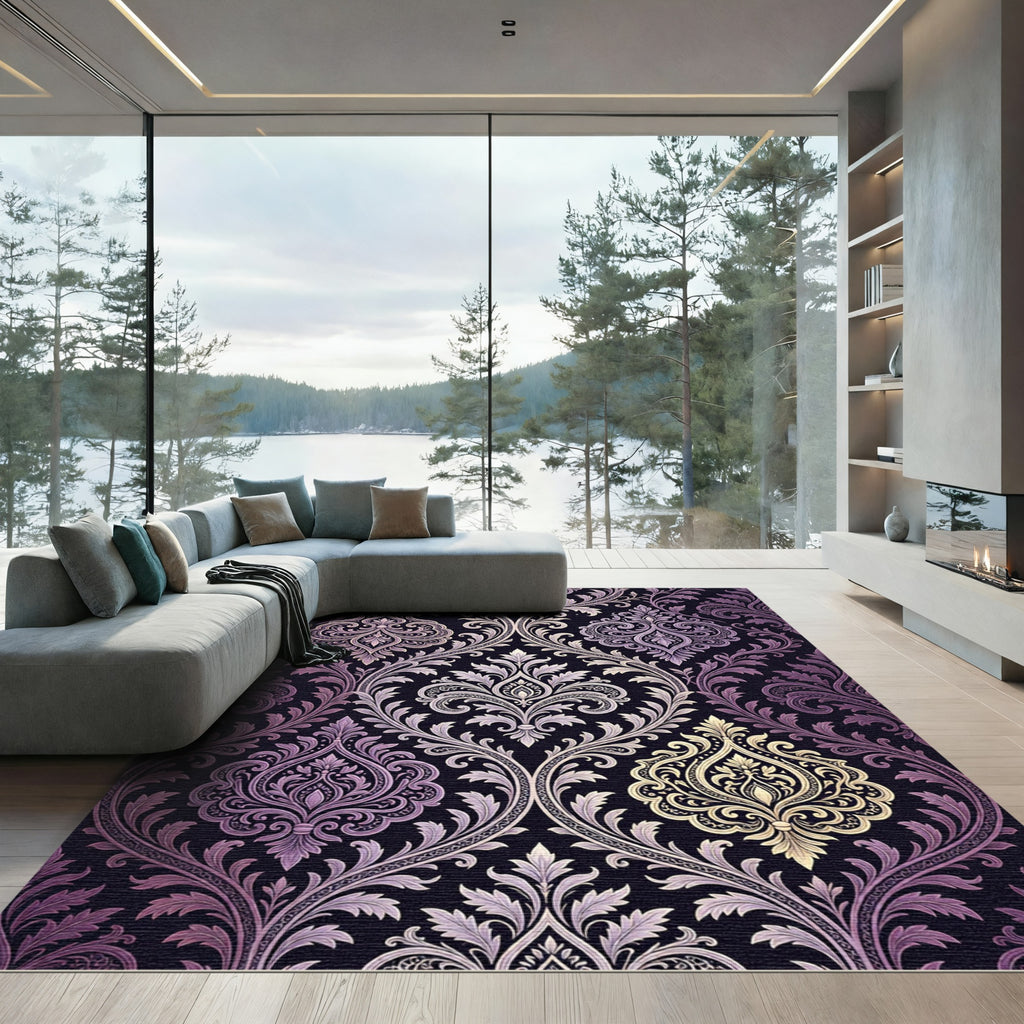 Elegant Purple Gold Damask Scroll Rug
