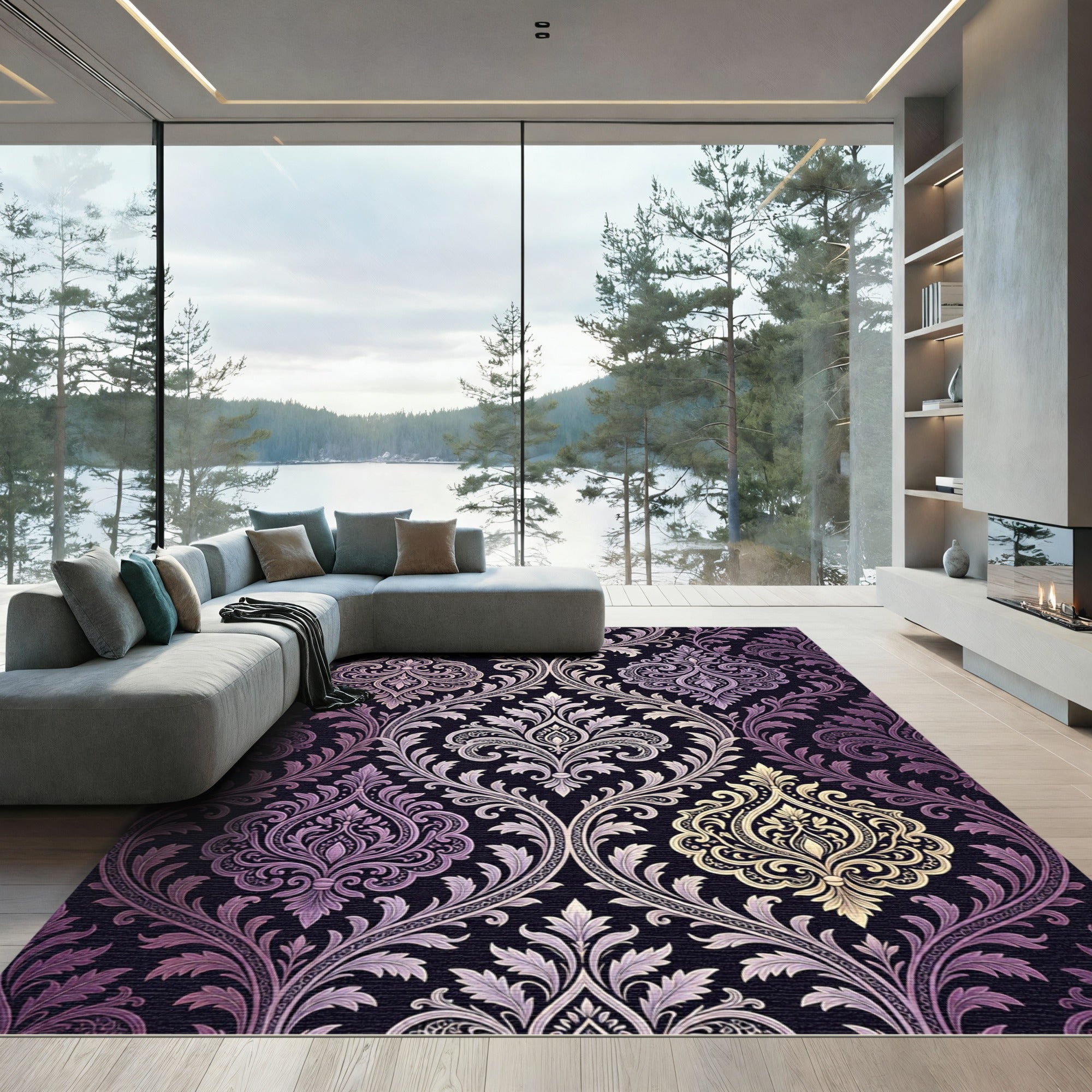 Elegant Purple Gold Damask Scroll Rug