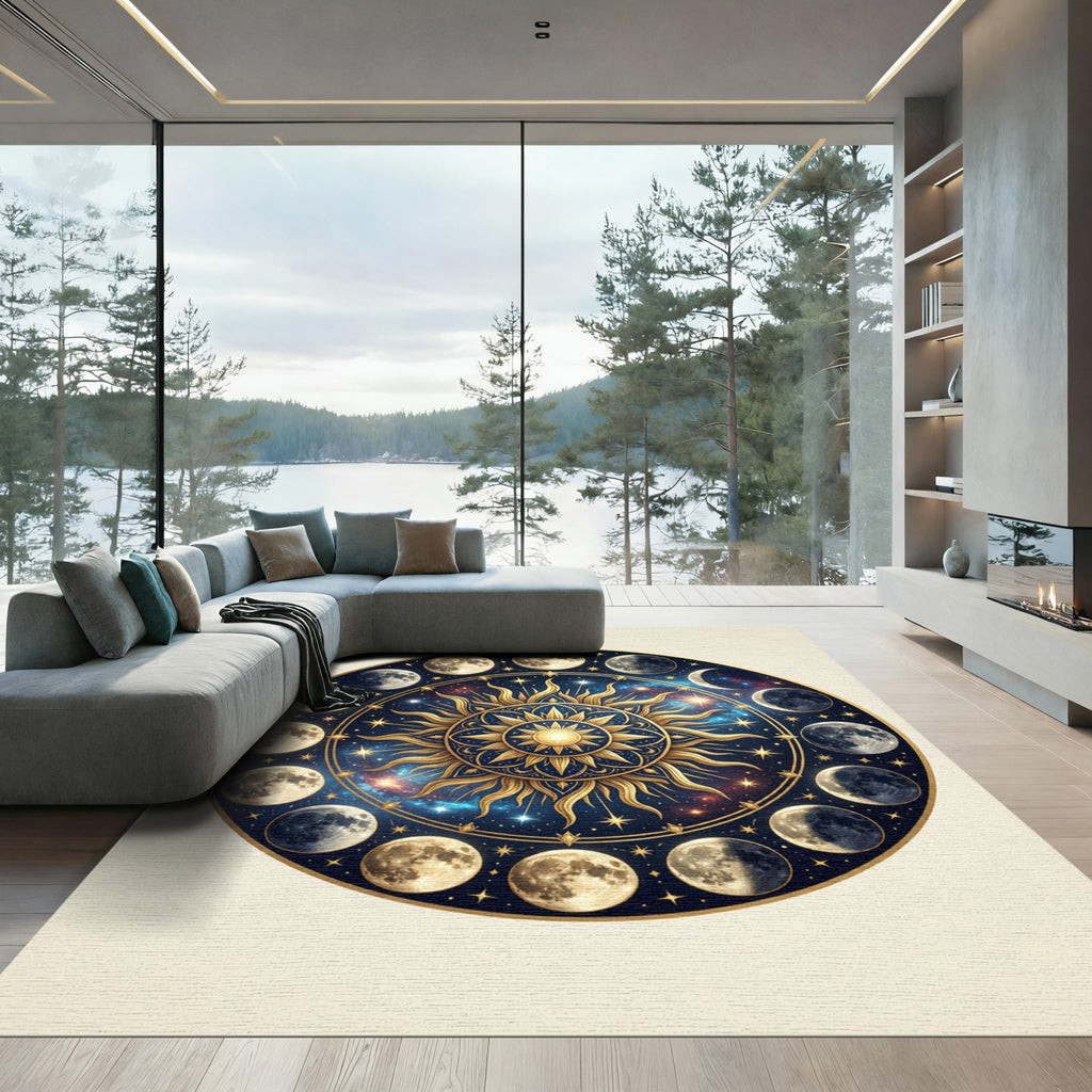 Celestial Gold Sun Lunar Phase Art Rug