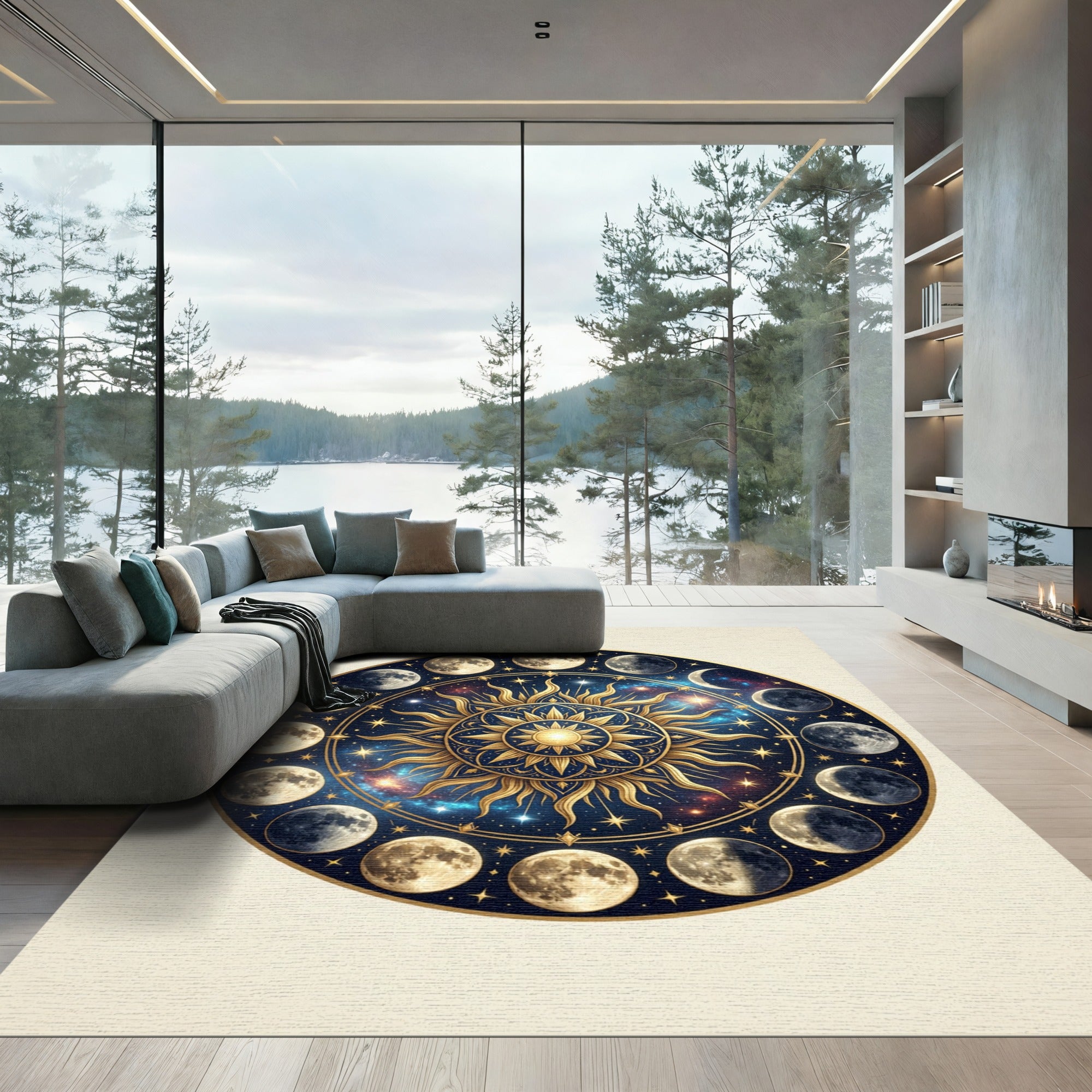 Celestial Gold Sun Lunar Phase Art Rug