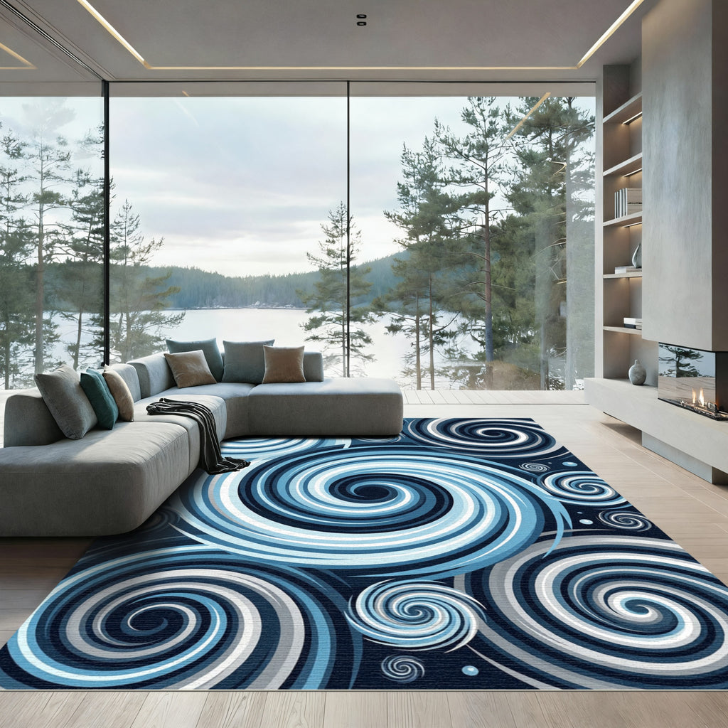 Ethereal Navy Swirling Ocean Whirlpool Rug