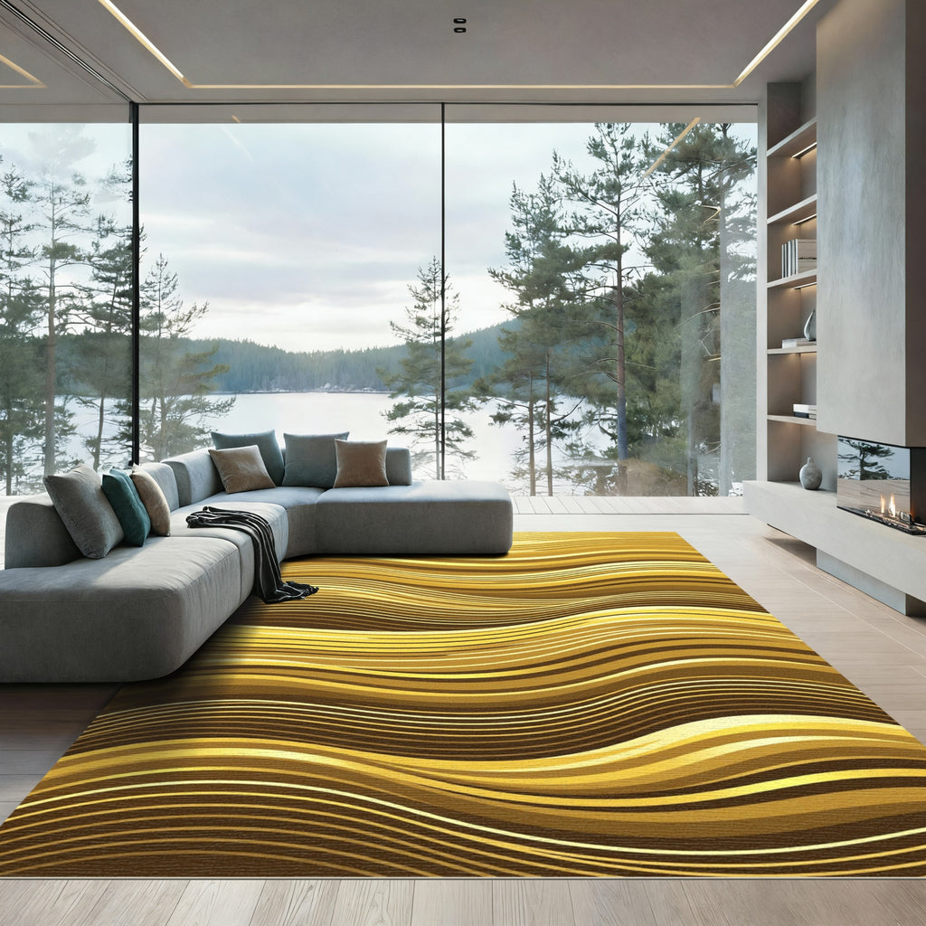 Golden Radiant Fluid Wave Abstract Rug