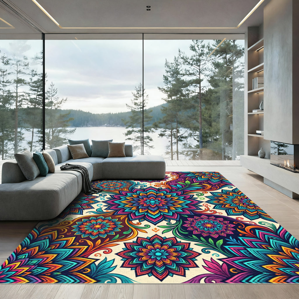 Vibrant Colorful Mandala Floral Composition Rug