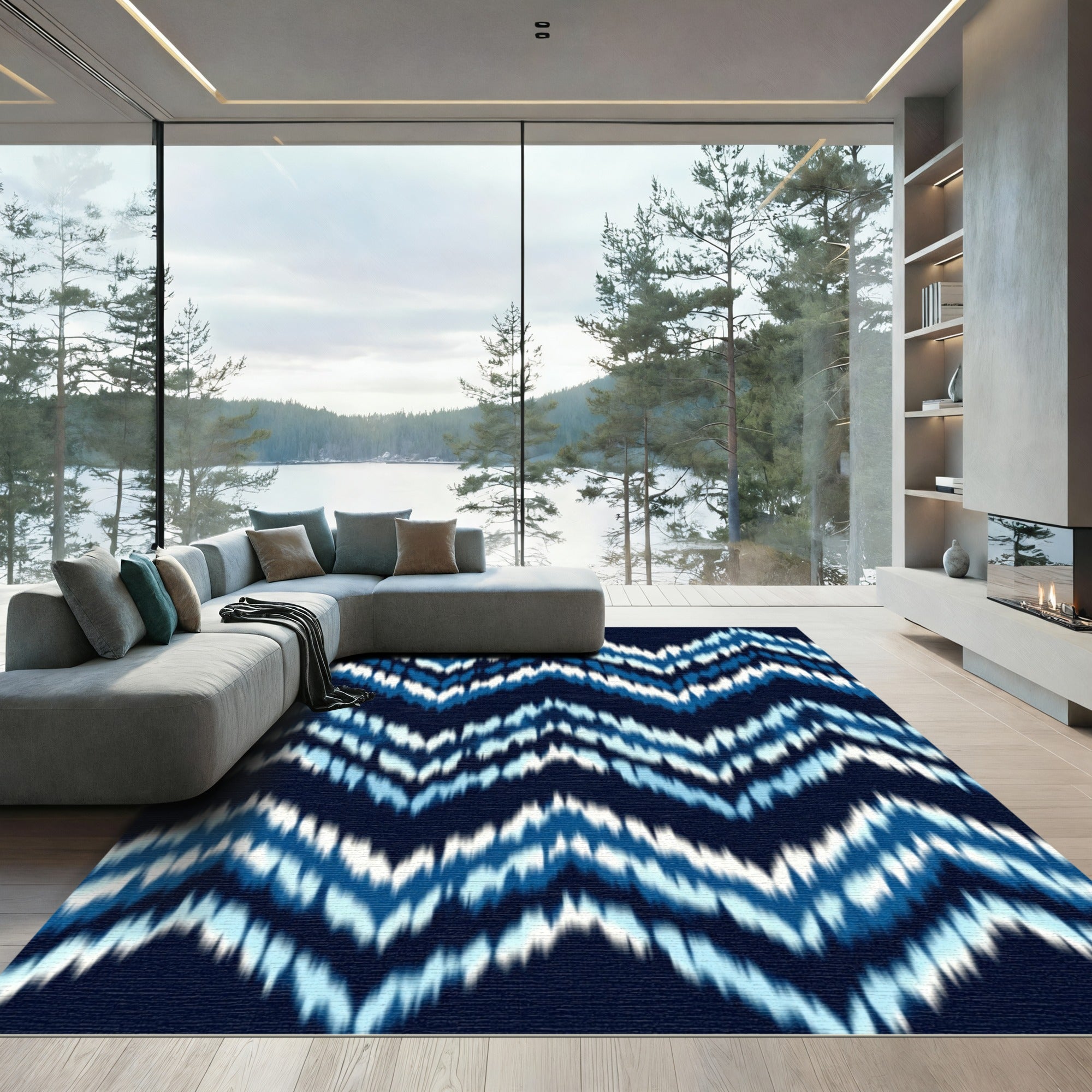 Deep Blue White Jagged Chevron Rug