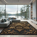 Ornate Golden Filigree Foliage Black Medallion Rug