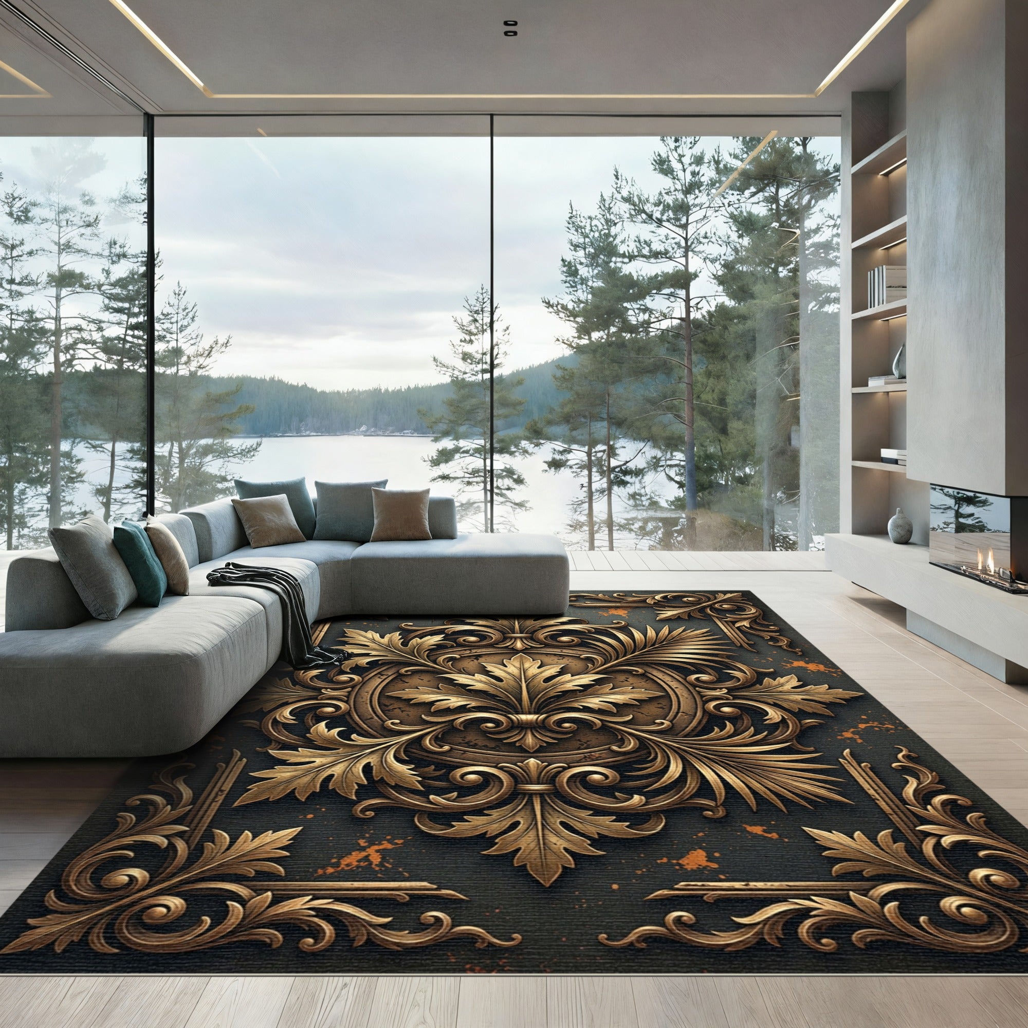 Ornate Golden Filigree Foliage Black Medallion Rug