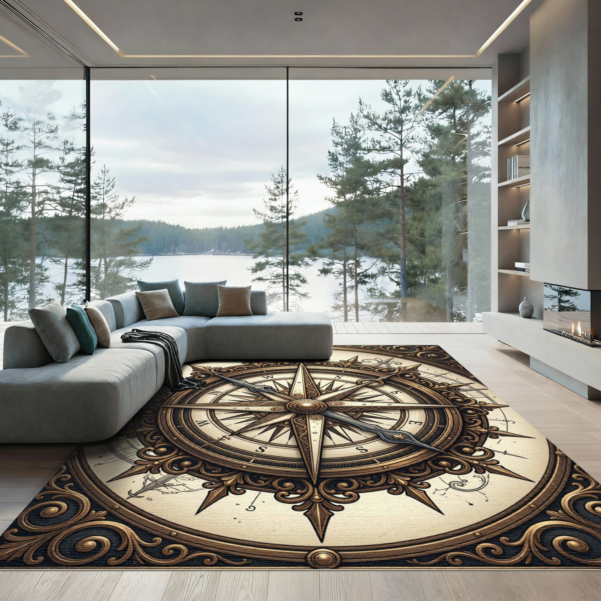 Antique Golden Compass Rose Medallion Rug