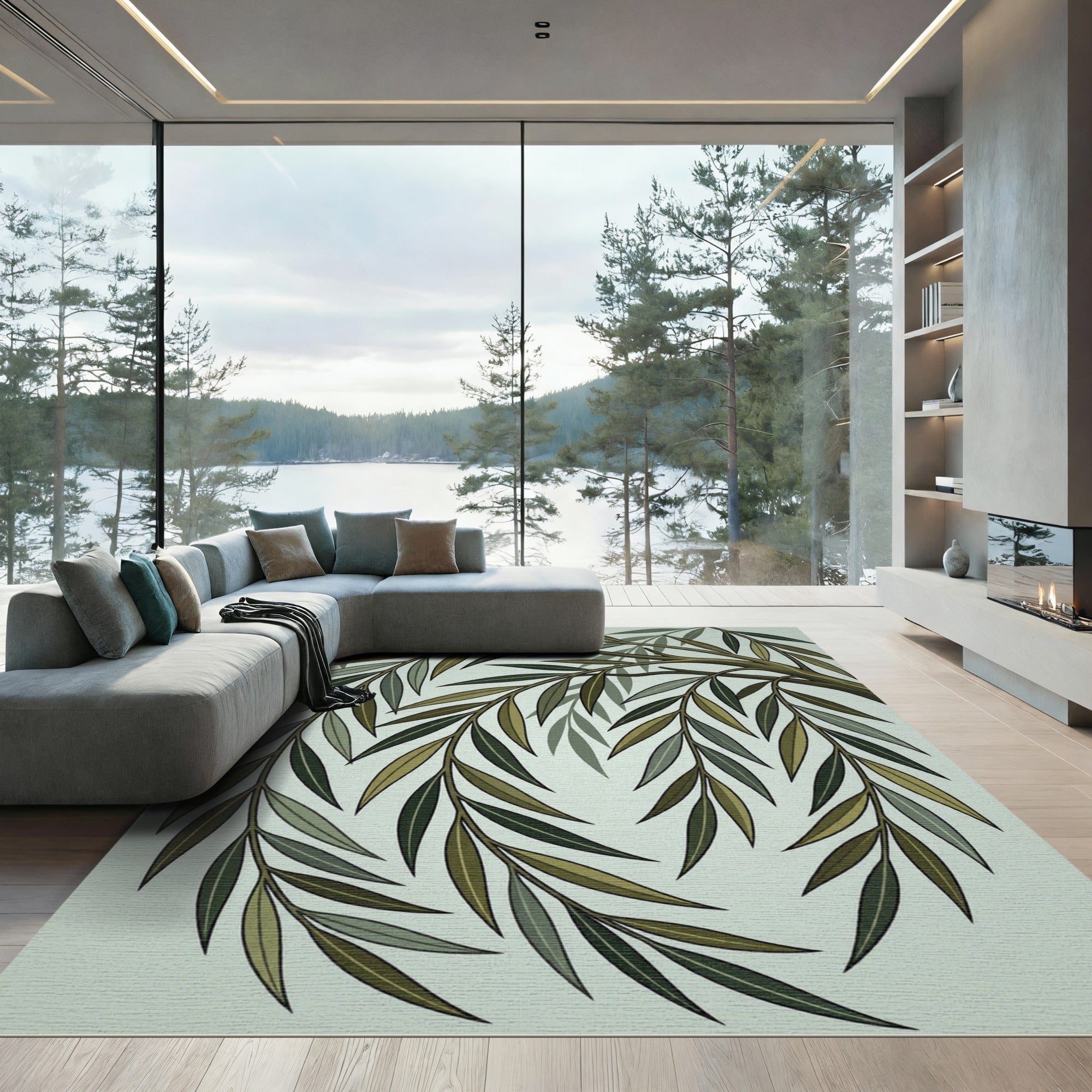 Elegant Sage Green Willow Branch Rug