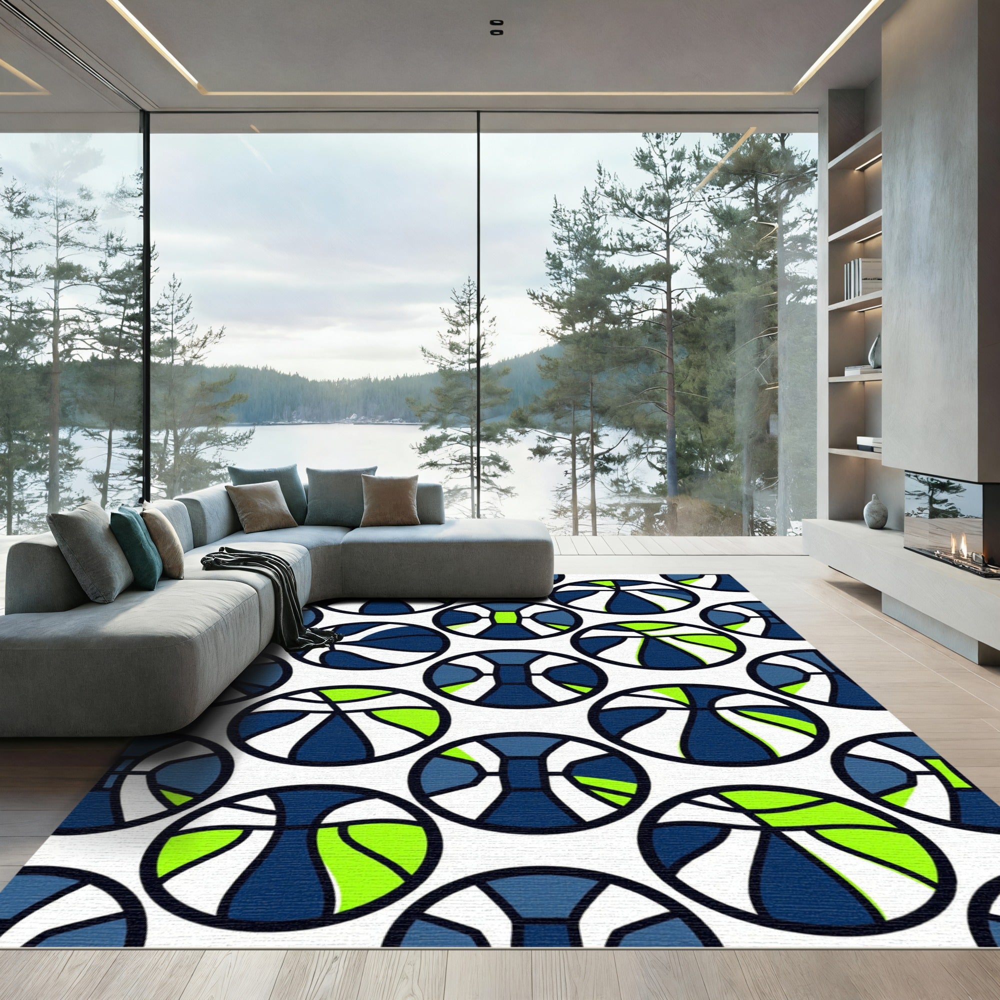Modern Blue and Lime Geometric Basketball Rug